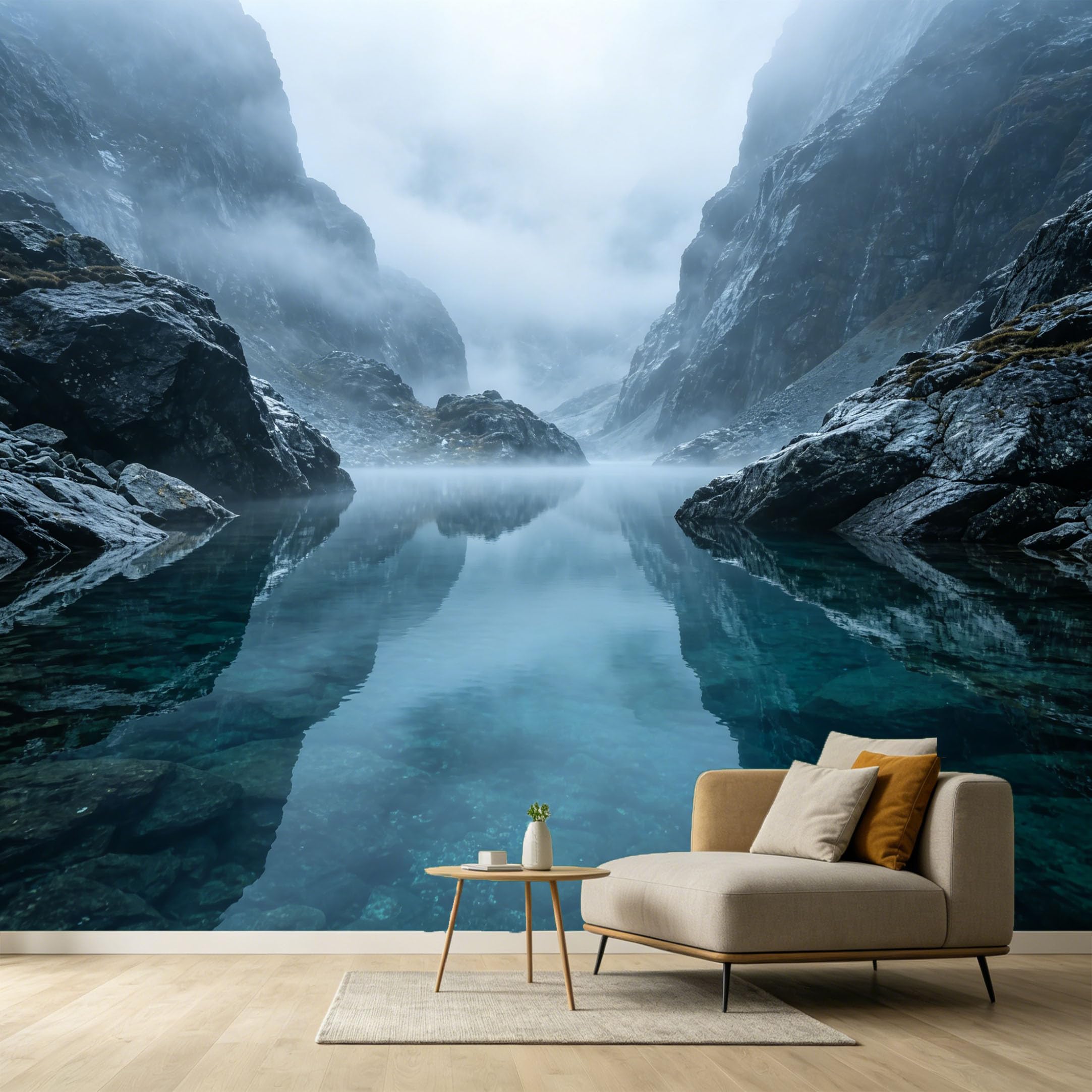 Custom Size Wall Murals Mountain Lake Landscape Modern 3D Reflection Misty Cliff Peaks SelfAdhesive Wall Fabric Removable Large Wallpaper for Photo Living Room