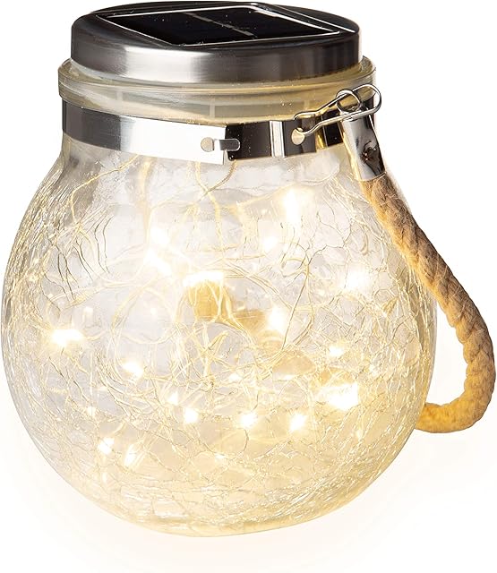 3 Solar Lantern Outdoor Light LED Lamp Outside Light Waterproof Cracked Glass Jar Light with 30 LED Lights Inside and Solar Panel On Top Crackle Glass Globe Light Decorative Garden Light Path Patio