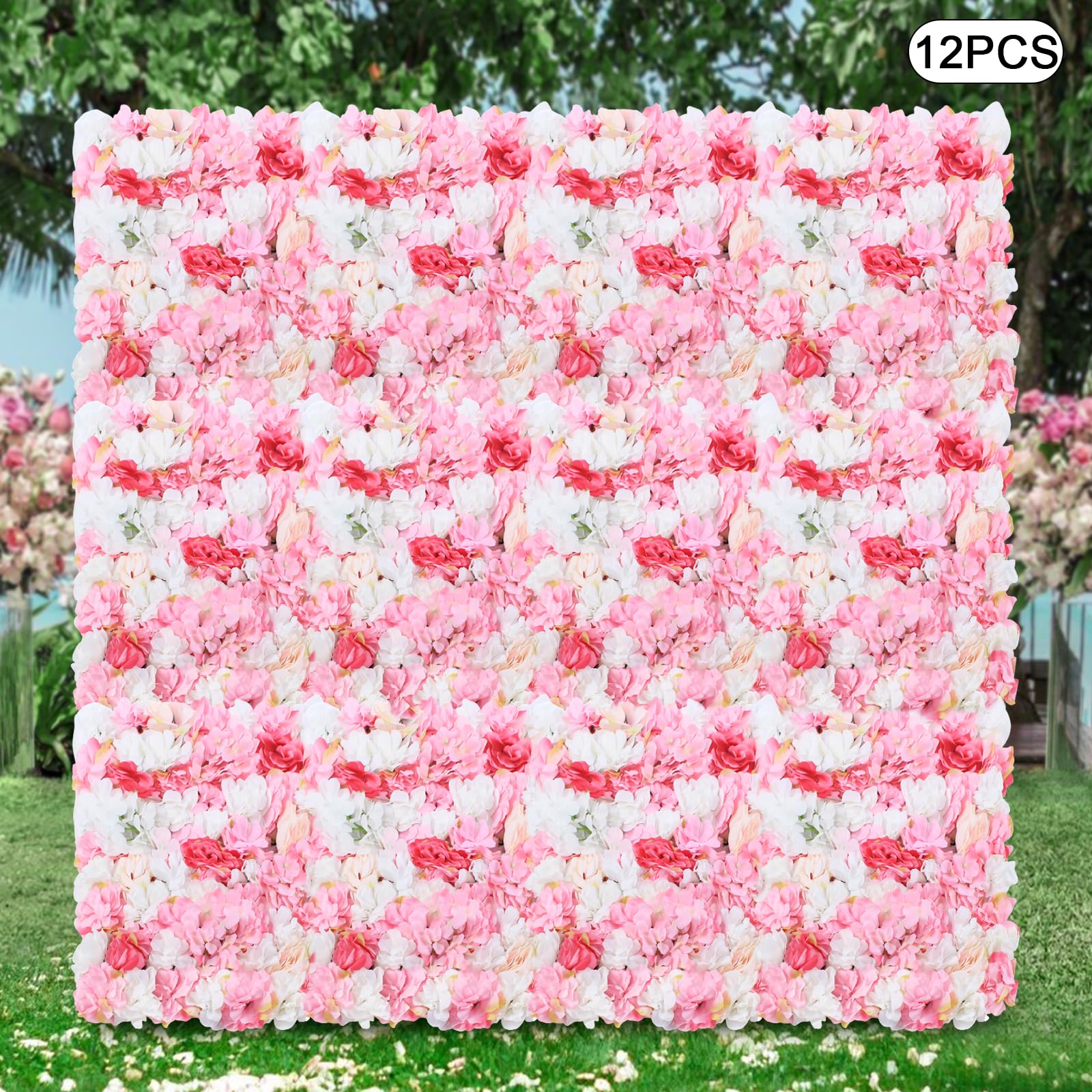 12er Set Künstliche Blumenwand 60x40cm Paneel Kunstblumen Rosa Weiß Deko | Dichte Seidenblumen Mit Rosen Dahlien Hortensien Und Gitterrückseite Für Hochzeit Event Fotowand Oder Balkon Dekoration