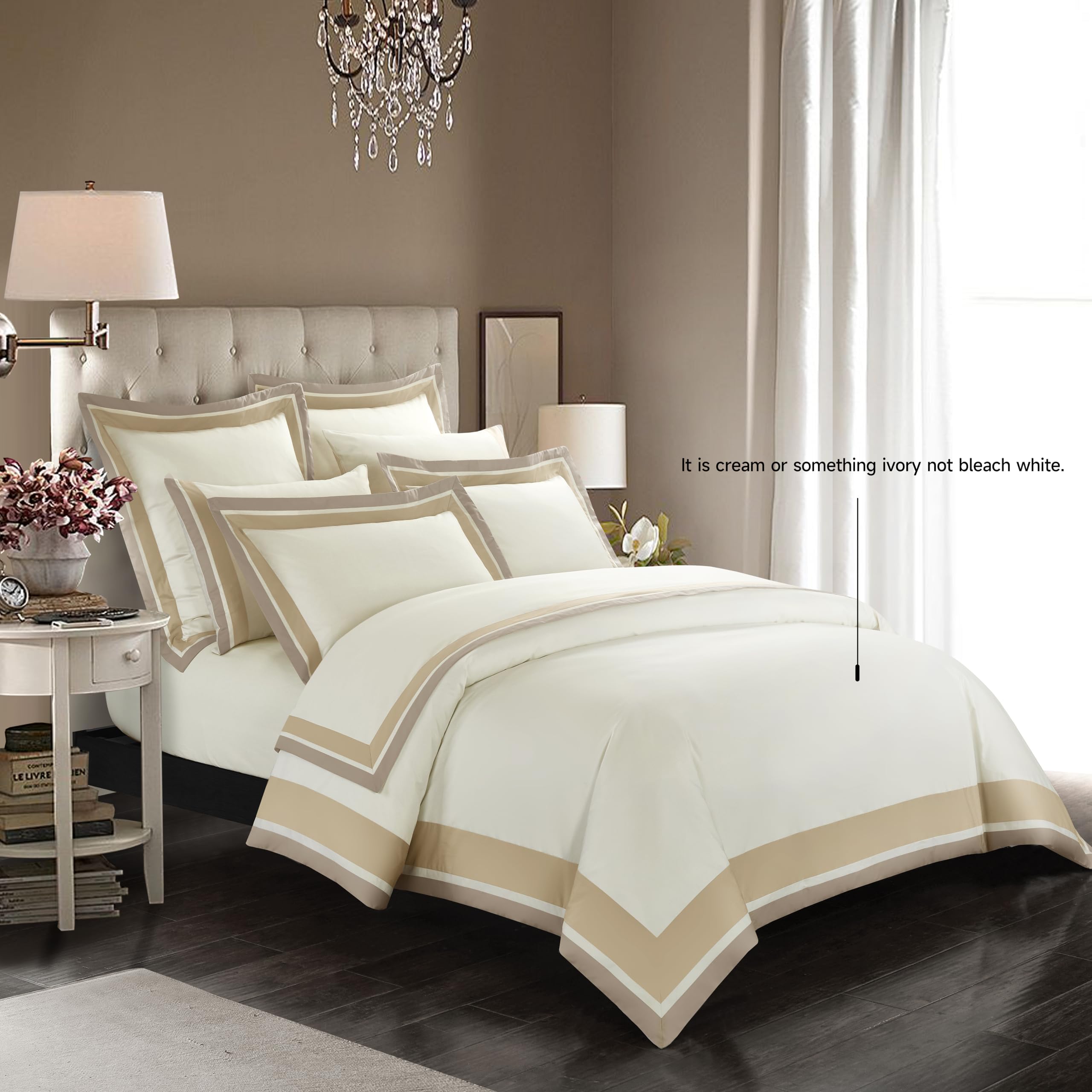Casabolaj Shading 3 Pieces Duvet Cover Set 100% Egyptian Cotton Sateen Luxury 400 Thread Count-Classic and Contemporary Frame Patchwork Ivory/Beige/Champange (King)