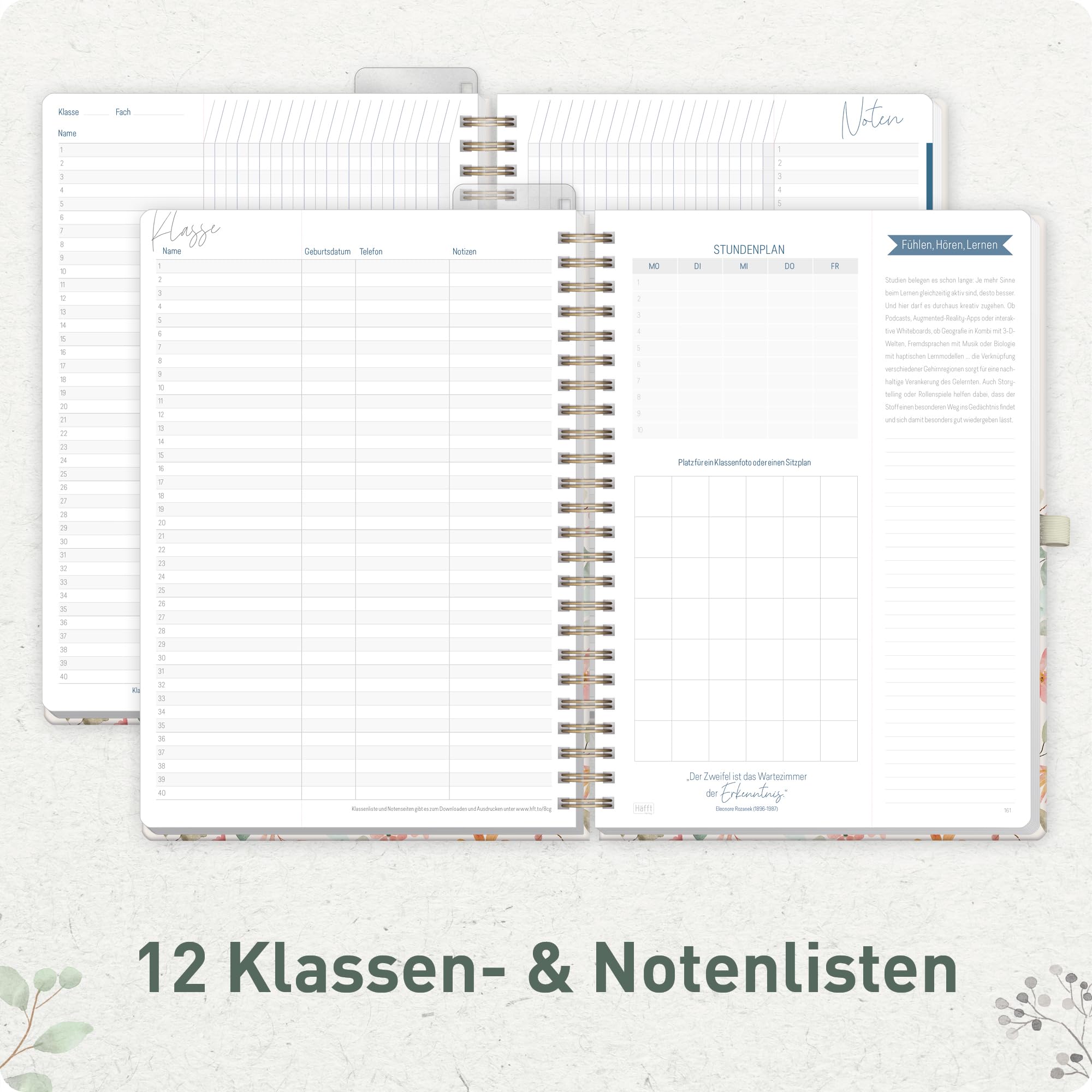 Häfft® Lehrerplaner 2026/2027 A4+ Deluxe – Großer Lehrerkalender & Schulplaner 26/27 mit Hardcover & Spiralbindung "Wild Blossoms" – Für Grundschule, weiterführende Schulen & Referendariat