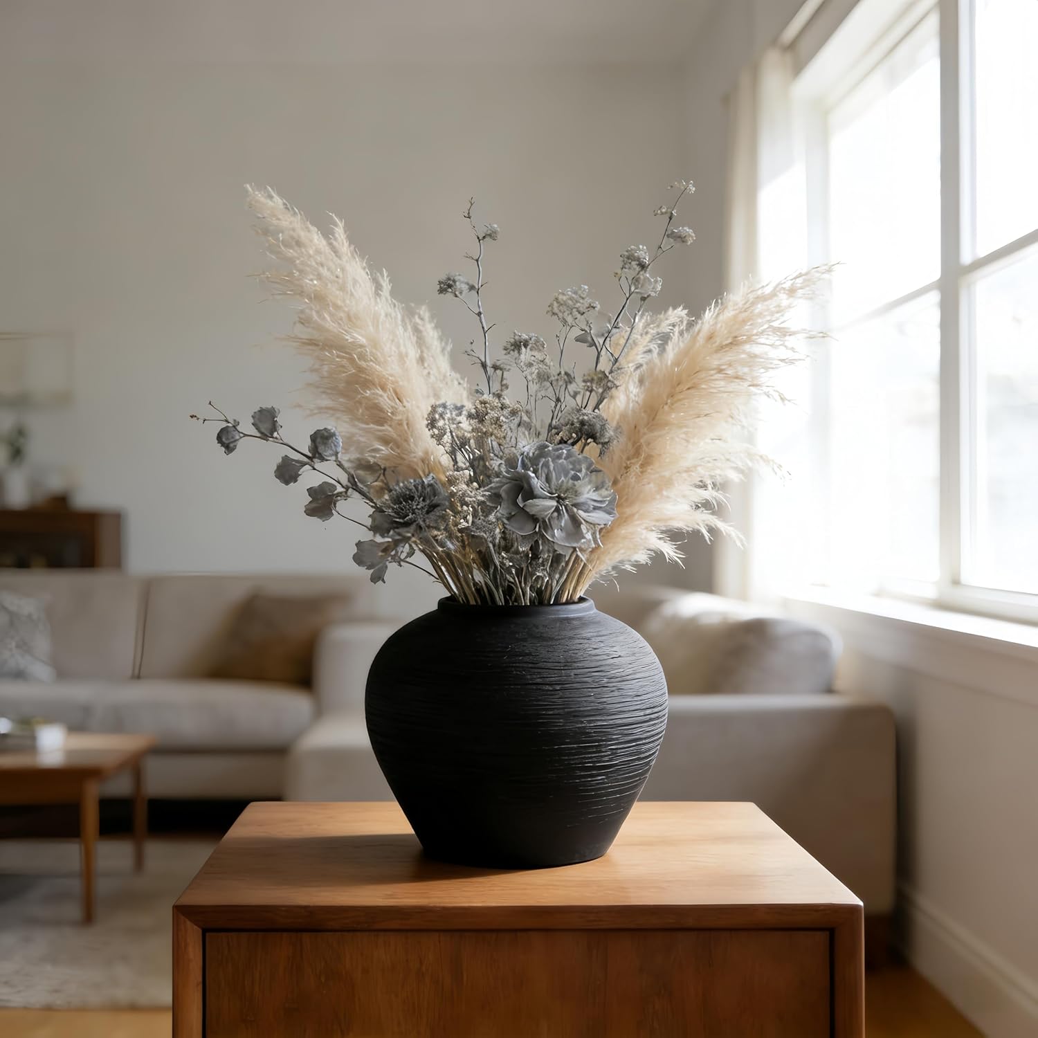 Black Rustic Farmhouse Ceramic Vase, 6.8 Inch Vintage Terracotta Flower Vases for Home Decor, Pottery Large Vases for Living Room Decor Table Entryway Bedroom - Image 4