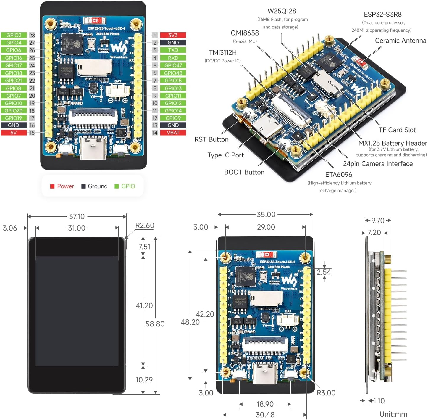 Waveshare ESP32-S3 2inch Capacitive Touch Display Development Board, 240×320 Pixels, IPS Panel, 32-bit LX7 Dual-core Processor, Onboard Camera Interfac, Include OV560 Camera