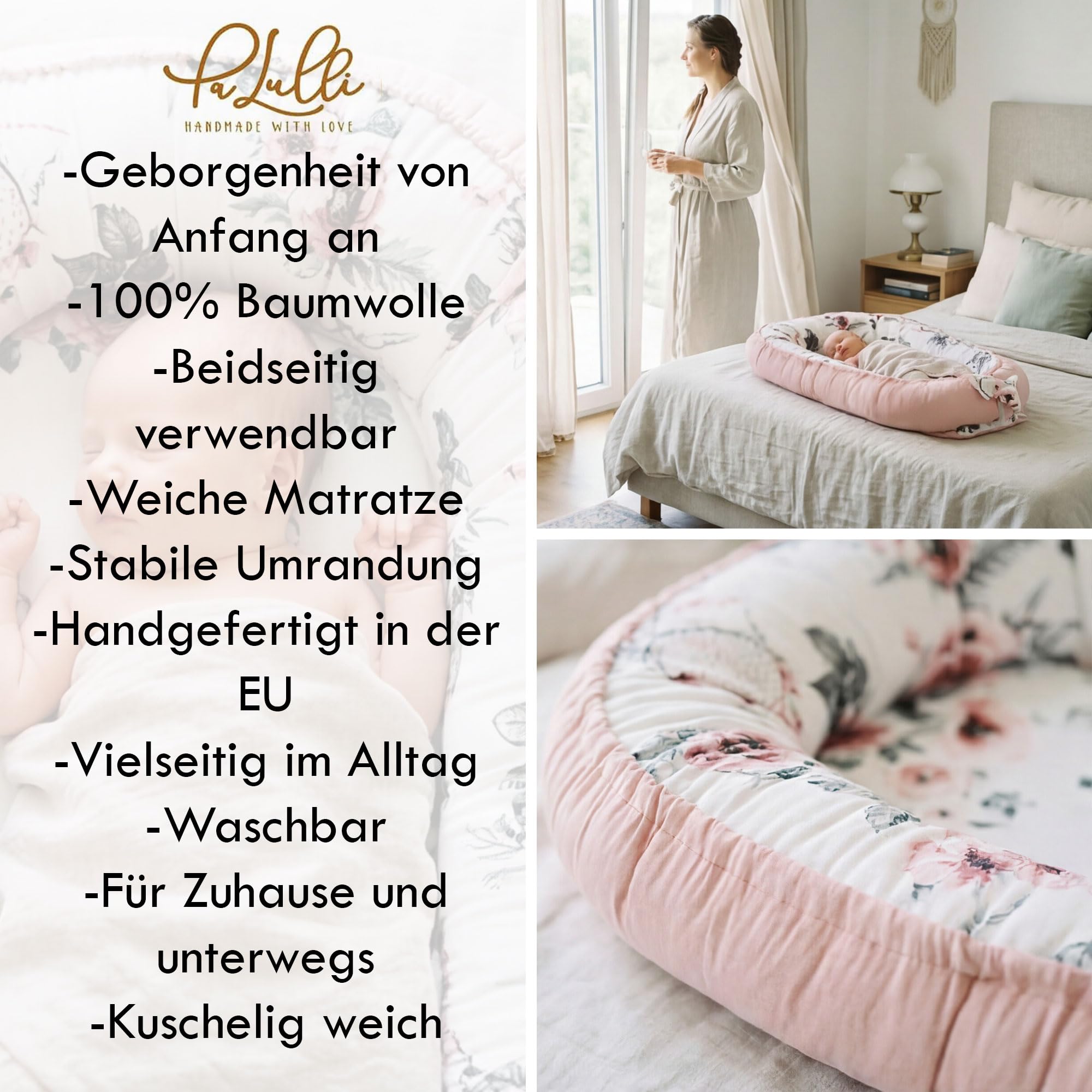 PaLulli Kuschelnest 2-seitig Babynest Babynestchen Baby Nest Nestchen Reisebett Wickelauflage Kuschelbett, Kokon Kokon für Babybett - Babys und Säuglinge, 100% Baumwolle Oeko TEX (Träumer Rosa)