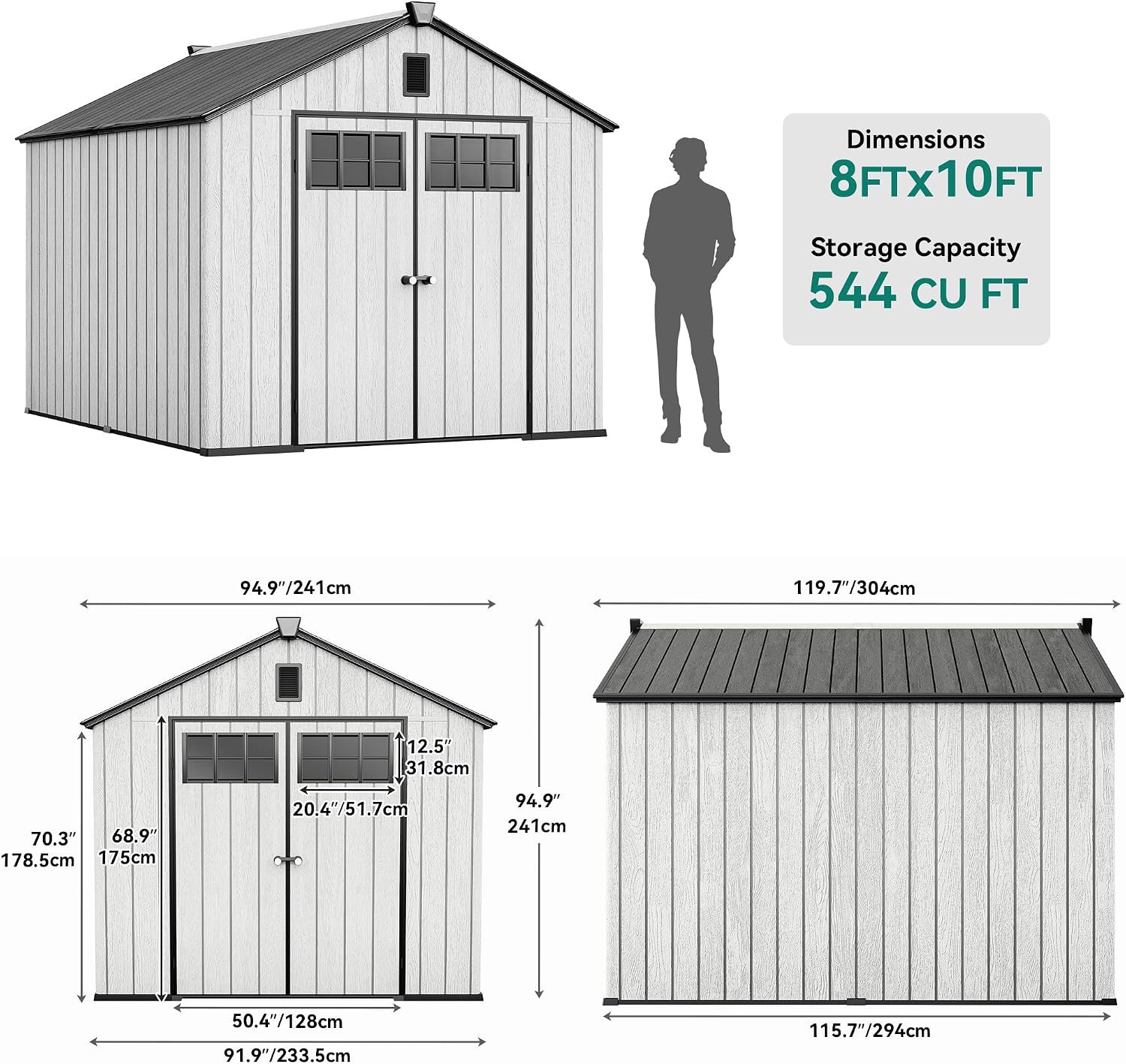 Close-up of shed door lock, transparent windows, and built-in bolt