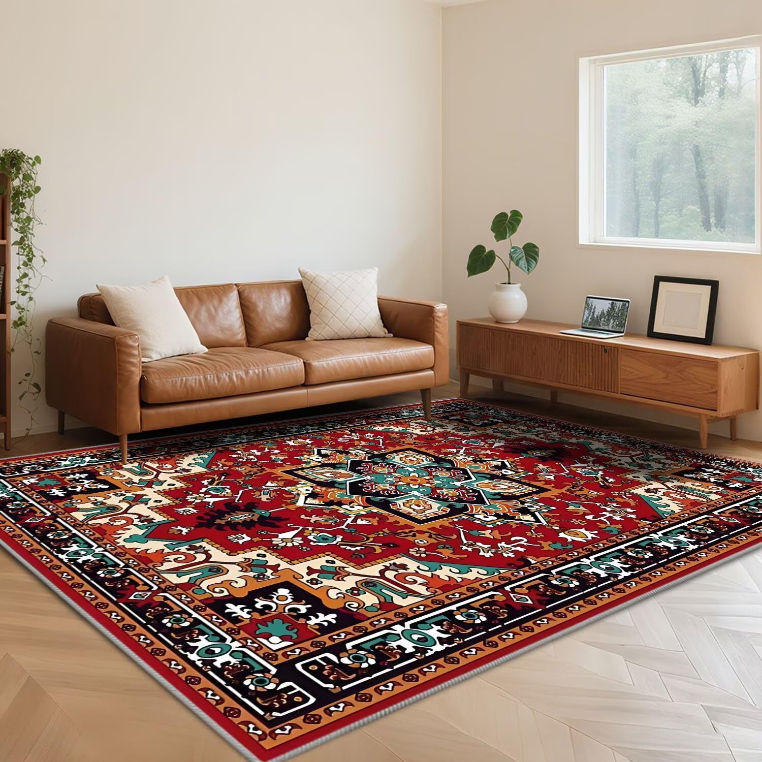 Tapis rétro rouge lavable de 120x180 cm idéal pour le salon