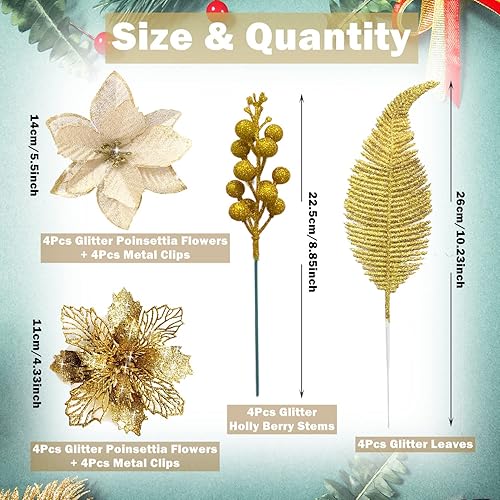 Miniatura 3 de Juego de agujas de pino artificial de Navidad y flores de pascua, adorno de mariposa de Navidad, púas de bayas con purpurina para decoración de