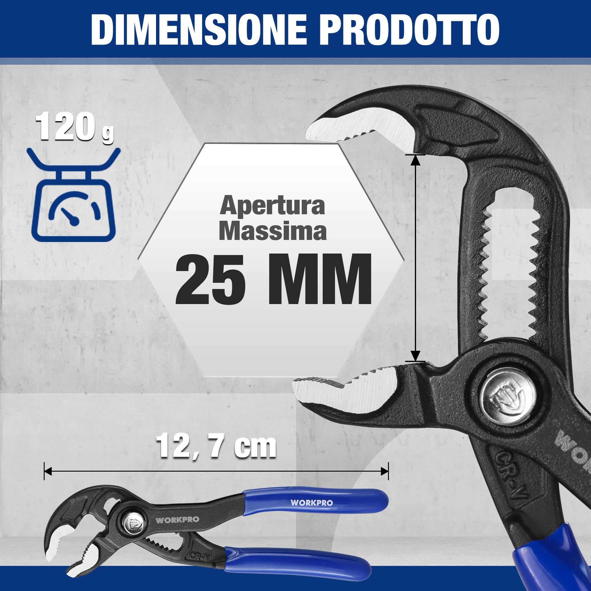 WORKPRO Pinza Regolabile da 12,7 cm, con Ganascia a V, Pinza per Pompa dell’Acqua con Apertura da 25 mm, Blocco Rapido per Riparazioni Domestiche e Industriali