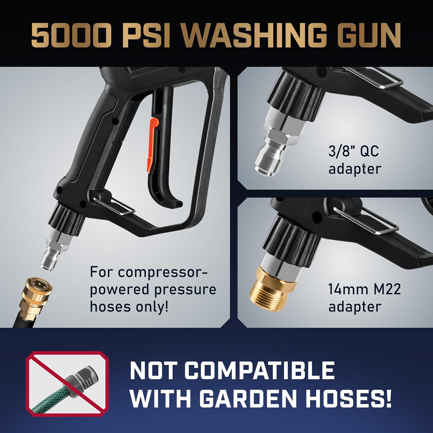 Water Pressure Gun | High-Performance, Up to 5,000 PSI Car Wash Gun w/ 5 Nozzles for Stone, Brick, Metal, Wood, Glass | Pressure Washer Handle w/ 2 Adapters, 2 Sponges, Teflon Tape