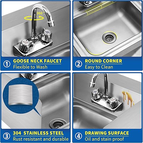 Miniatura 3 de Fregadero de acero inoxidable NSF 17 "x 15" Fregadero comercial de montaje en pared, con protector de salpicaduras lateral, colador y grifo,