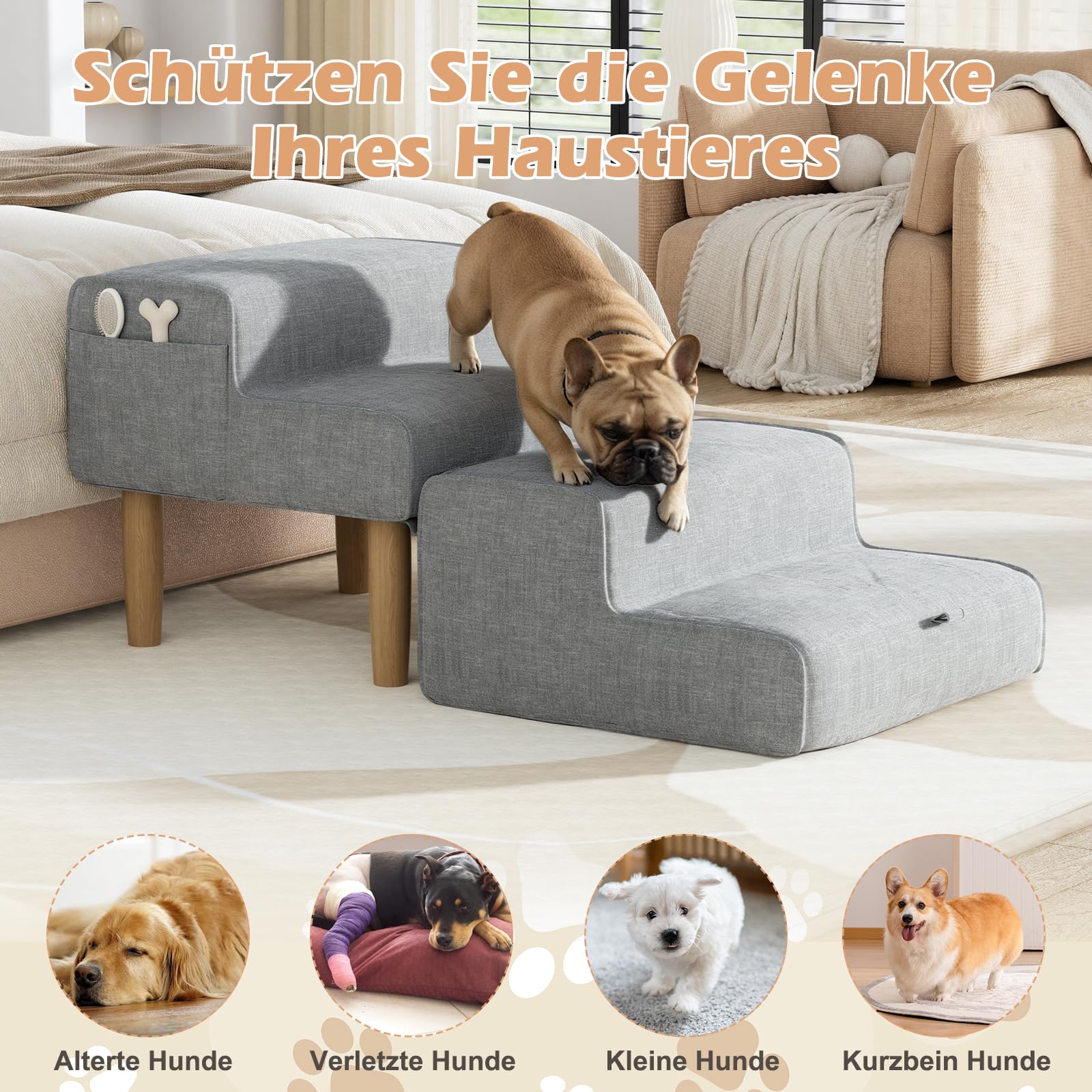 Scala per cani 2 in 1, pieghevole, per cani di piccola e grande, per divano e letto, 4 gradini, altezza 32 cm, colore grigio