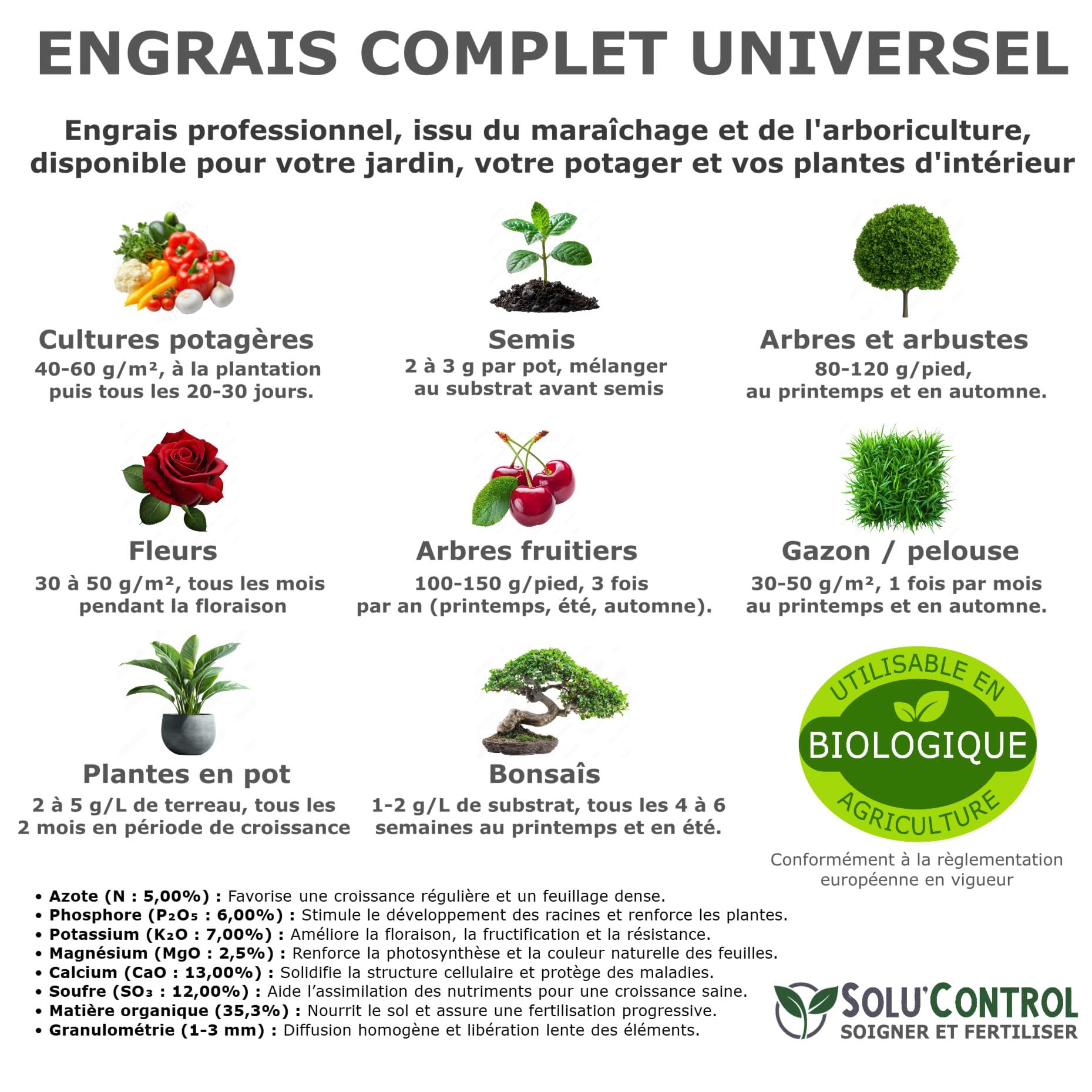 5 kg d'ENGRAIS COMPLET universel et équilibré - SoluControl - UAB - Utilisable en Agriculture BIOLOGIQUE