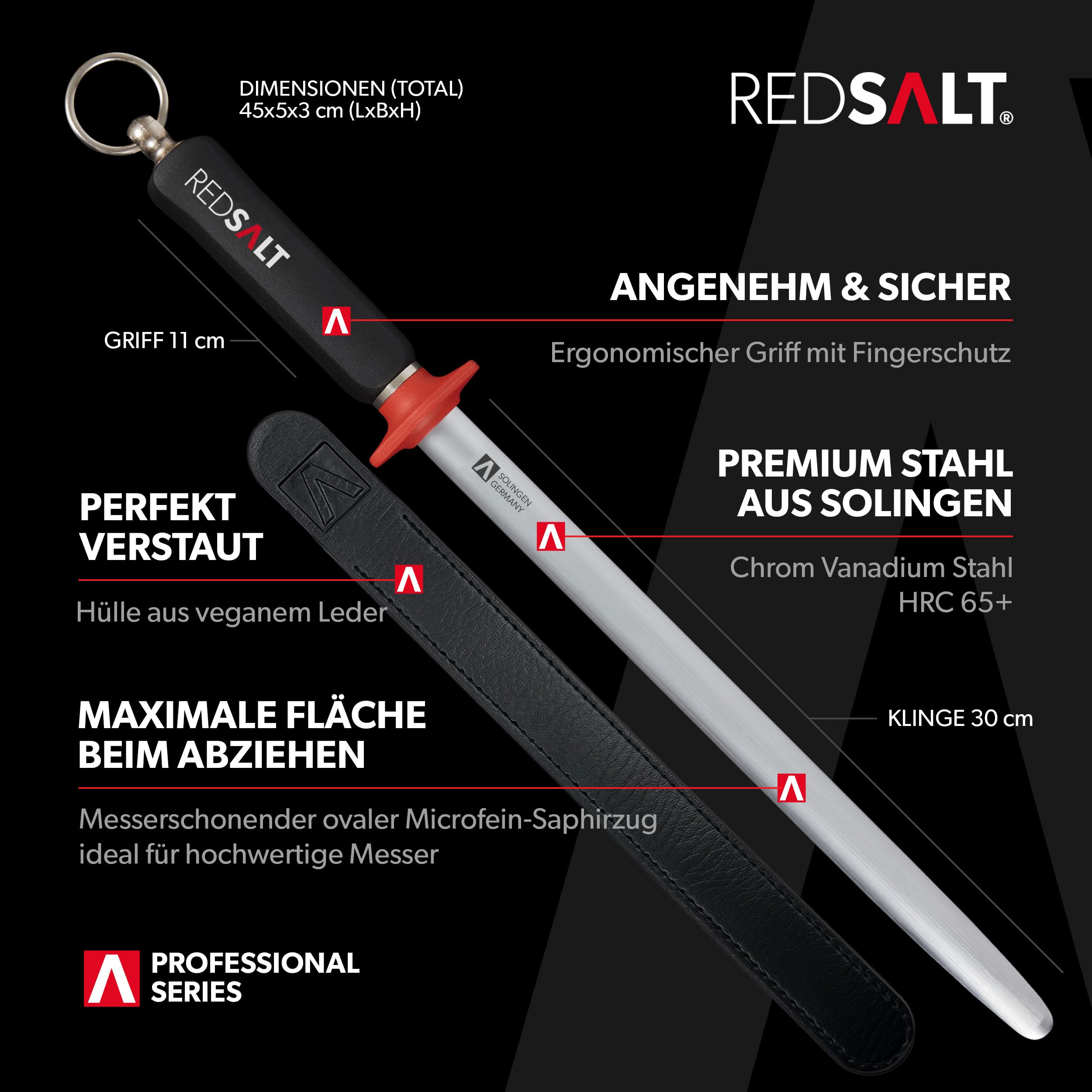 REDSALT® Profi Wetzstahl 30 cm oval – Microfeiner Saphirzug für Damastmesser & hochwertige Kochmesser | HRC 65 Chrom-Vanadium-Stahl | Made in Solingen | Premium Messerschärfer