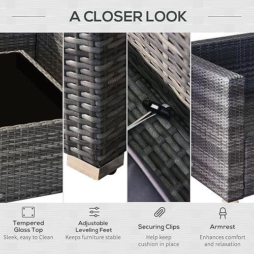 Miniatura 6 de Outsunny Juego de sofá de mimbre para exteriores de 7 piezas, moderno juego de muebles de ratán con cojines, almohadas y mesa de té