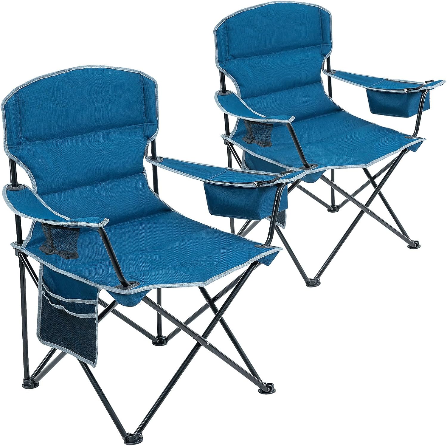 2 Pack Padded Camping Folding Chairs for Heavy People Support 400lbs Oversized Outdoor Sports Chair Quad Arm Lawn Chair for Beach Hiking Fishing Spectator with Cup Holder Cooler Bag