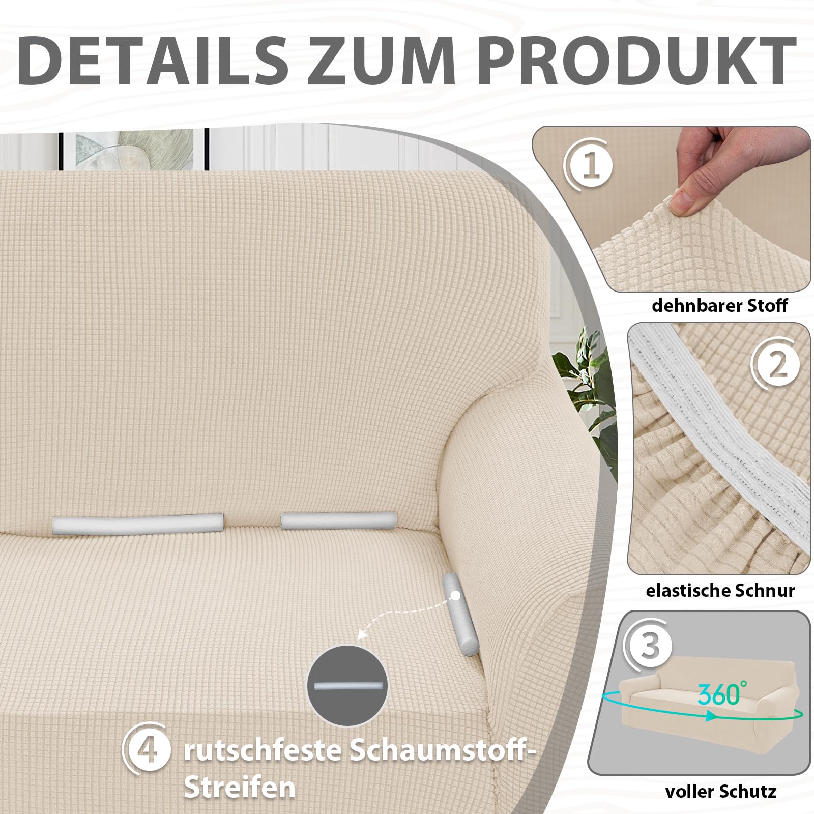 BellaHills Sofa Überzug 2 Sitzer (170-185cm) Sofabezug Stretch Kratzschutz Sofa Katze Mit Armlehne Sofaschoner rutschfest Sofa Cover Sofaüberwurf Couchbezug Wohnzimmer Natur