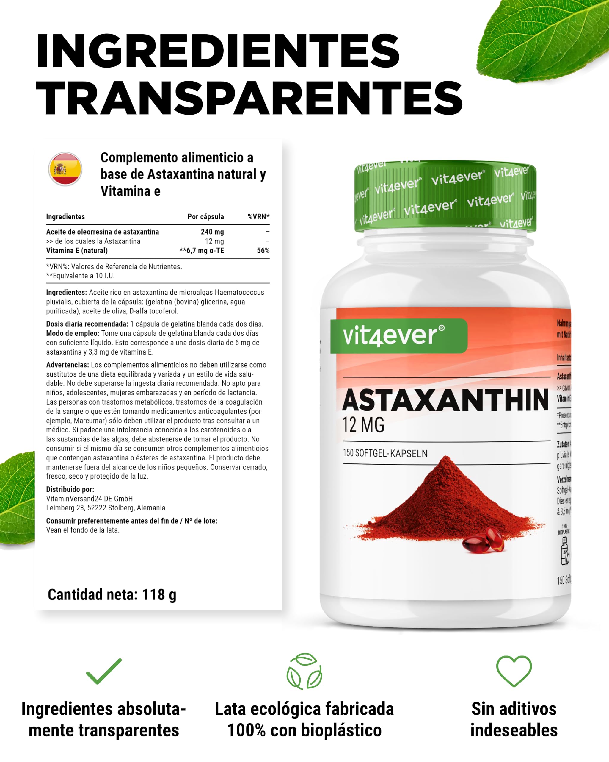 vit4ever Astaxantina 12 mg AstaGuard® - 150 Cápsulas Veganas - Alta dosis