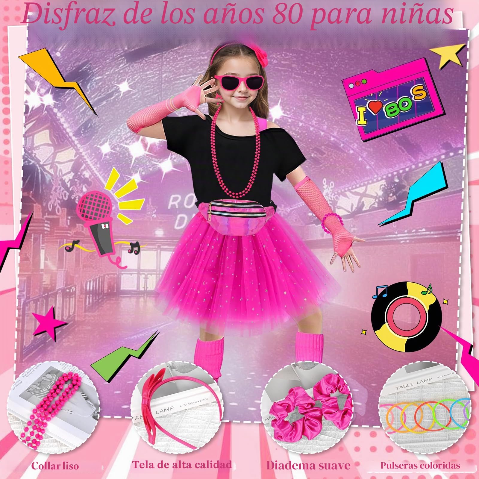 Juego de Accesorios de Disfraz de Los Años 80 para Niña, Vestimenta Retro con Tutú, Guantes de Red, Diadema con Lazo, Leggings, Collares, Pulseras y Gafas para Niña Fiesta Temática de los 80