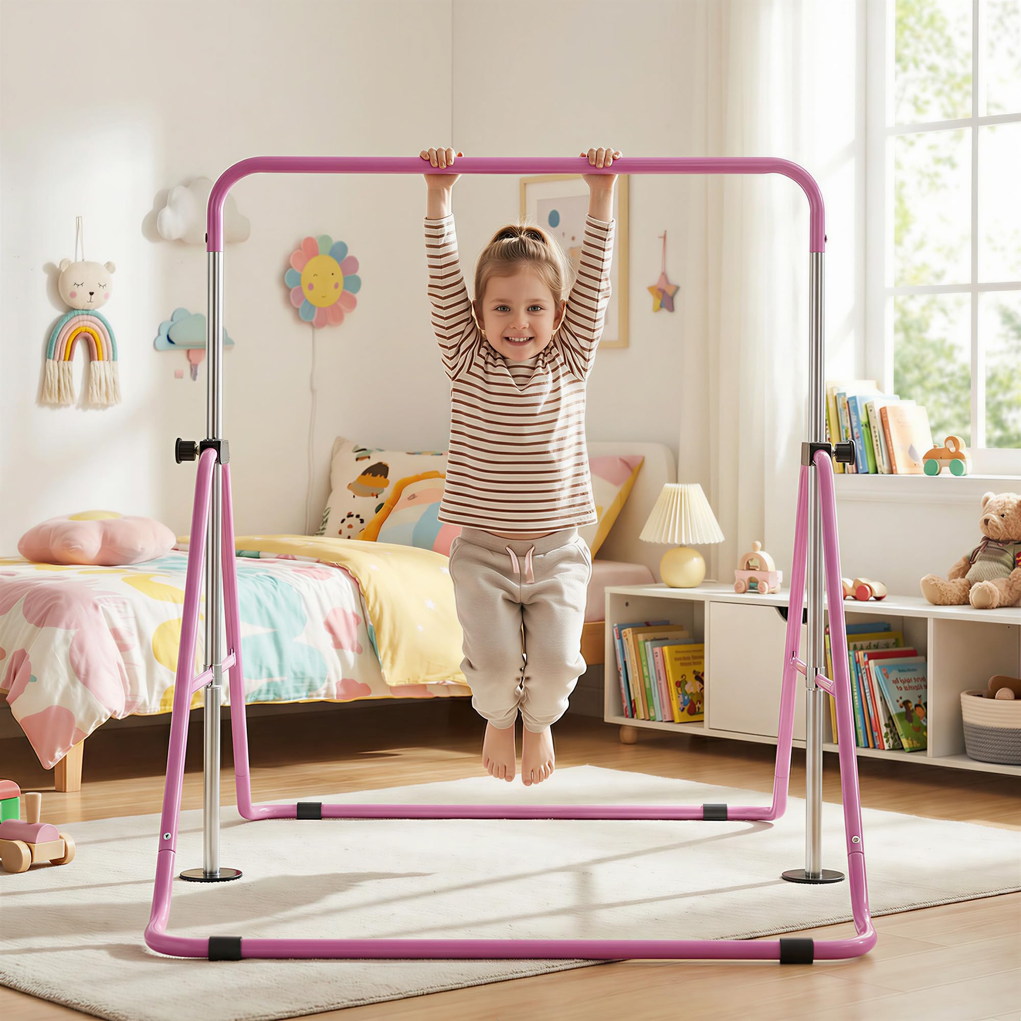 KOMFOTTEU Barra da ginnastica pieghevole per bambini, barra orizzontale con altezza regolabile in 5 livelli da 90 a 130 cm, carico di 70 kg, attrezzatura portatile per allenamento per interni esterni