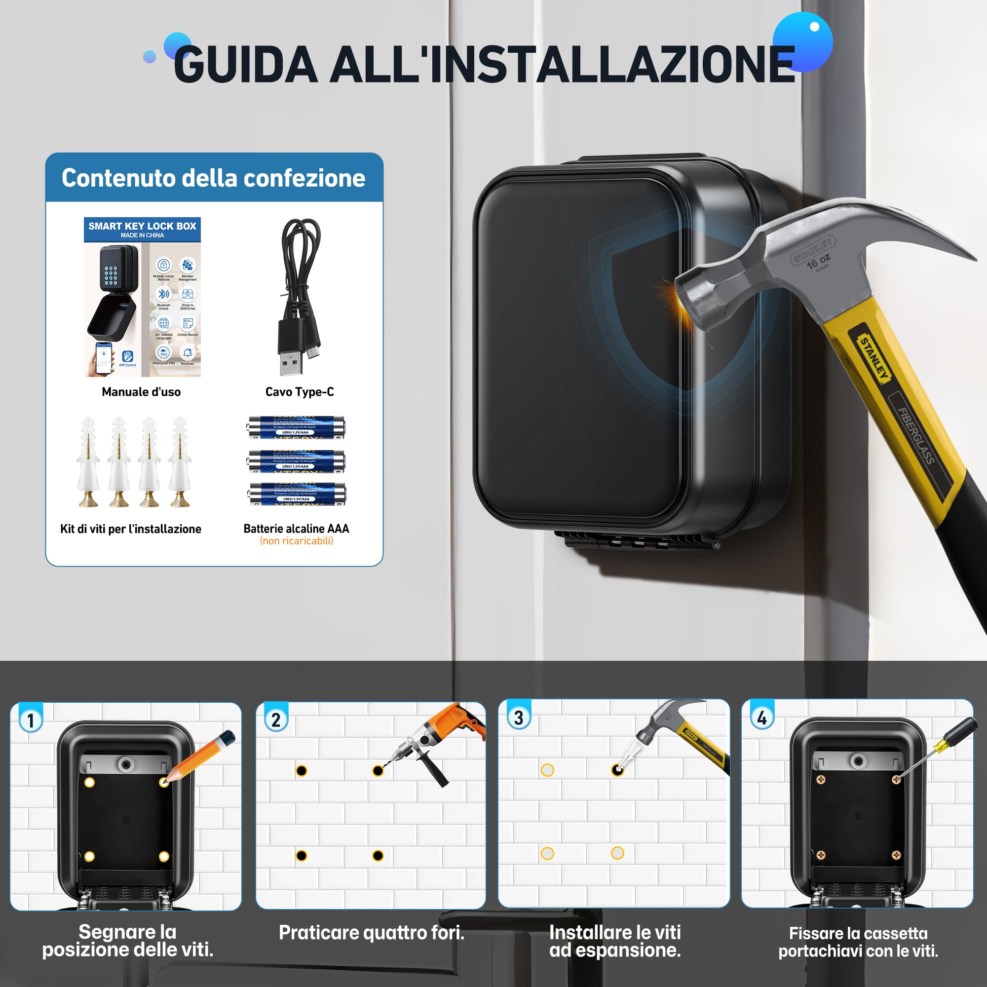 Cassetta di Sicurezza per Chiavi Esterno Impermiabile | Diritti di Accesso+Multi-Password | Elettronica Cassetta Sicurezza Chiavi Self Check IN Bluetooth Cassaforte per Chiave con Codice