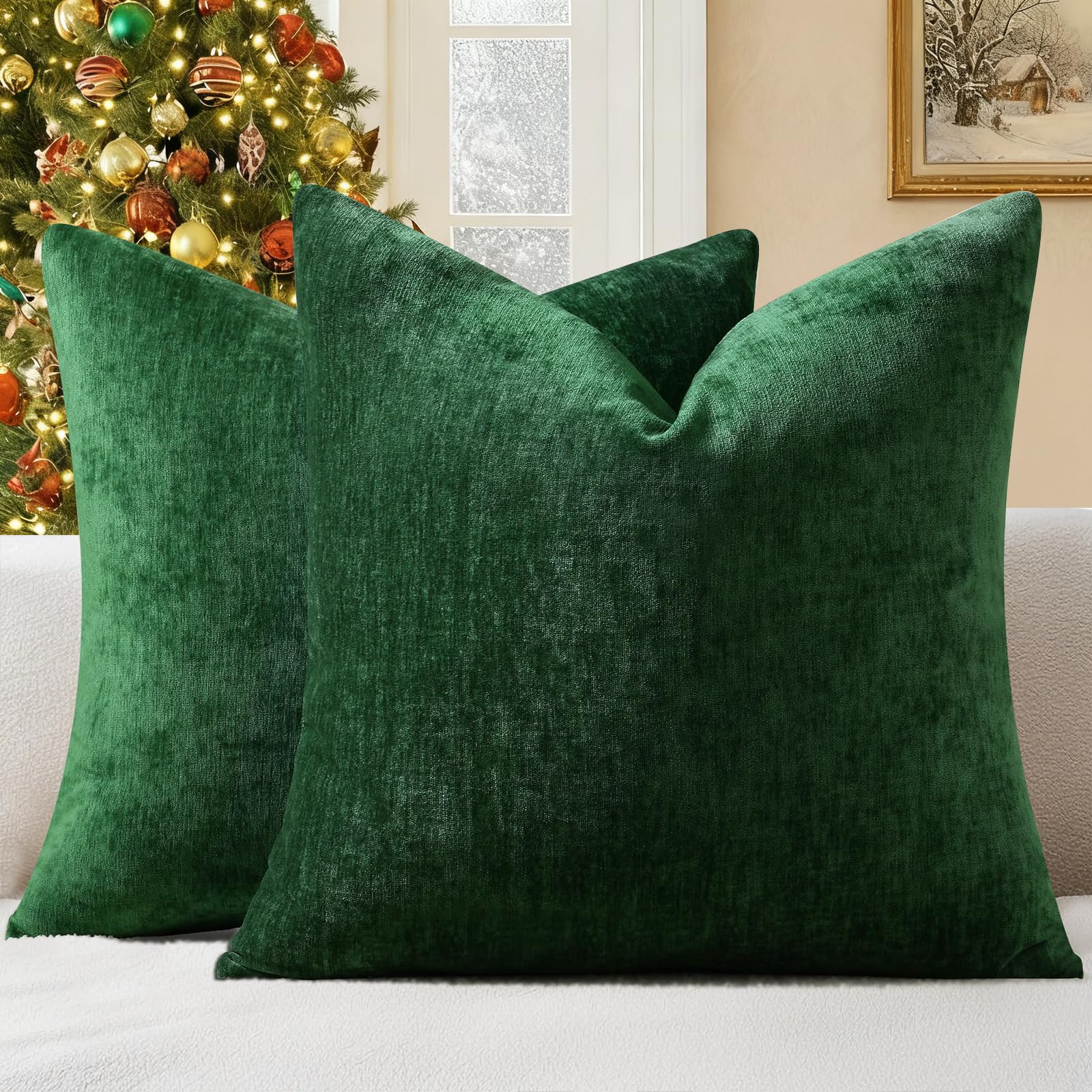 decorUhome Set di 2 federe per cuscino in morbida ciniglia, 20 x 20 cm, colore: verde | Federa decorativa per cuscino da divano, tinta unita, moderna, neutra, quadrata, per divano