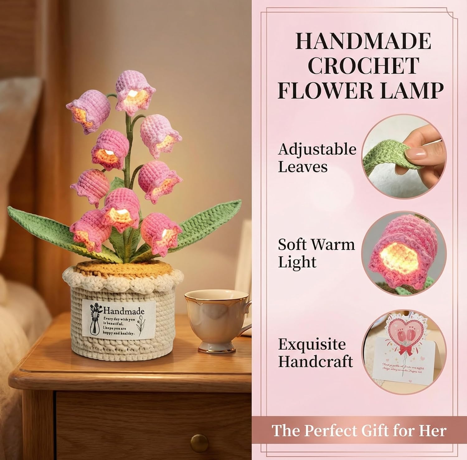 Handmade Crochet Lily of The Valley Lamp - 9 LED Night Light for Desk or Bedside, Artificial Flowers Decor, for Women Mom Valentine Birthday
