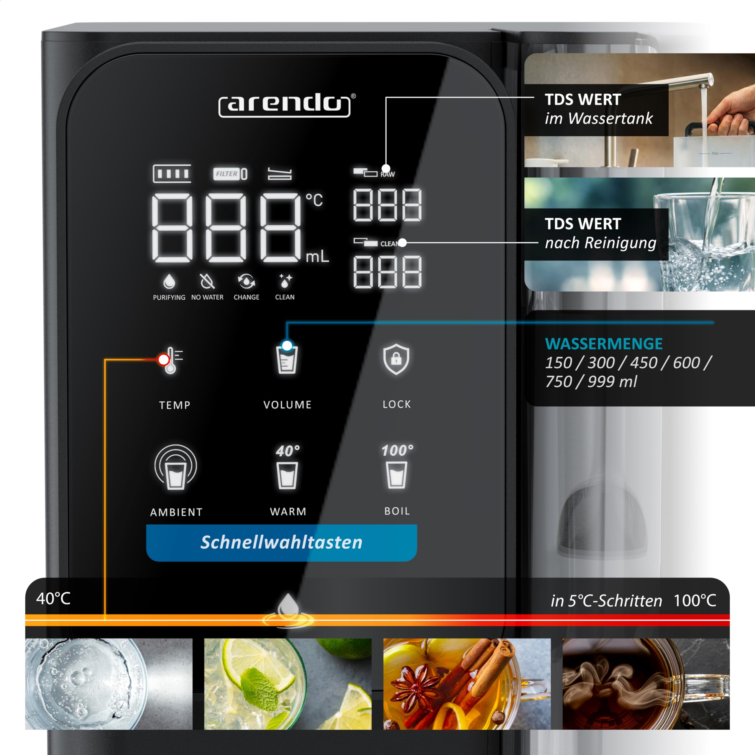 Arendo - Premium Osmoseanlage - 99,99% reines Trinkwasser - 7 stufiges Filtersystem (5+2) – Umkehrosmose/Wasserfilter – keine Installation - Auftisch Gerät – Heißwasserspender 40°C - 100°C – TDS - 5