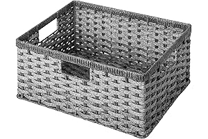 15" Gray Plastic Wicker Storage Basket with Handles
