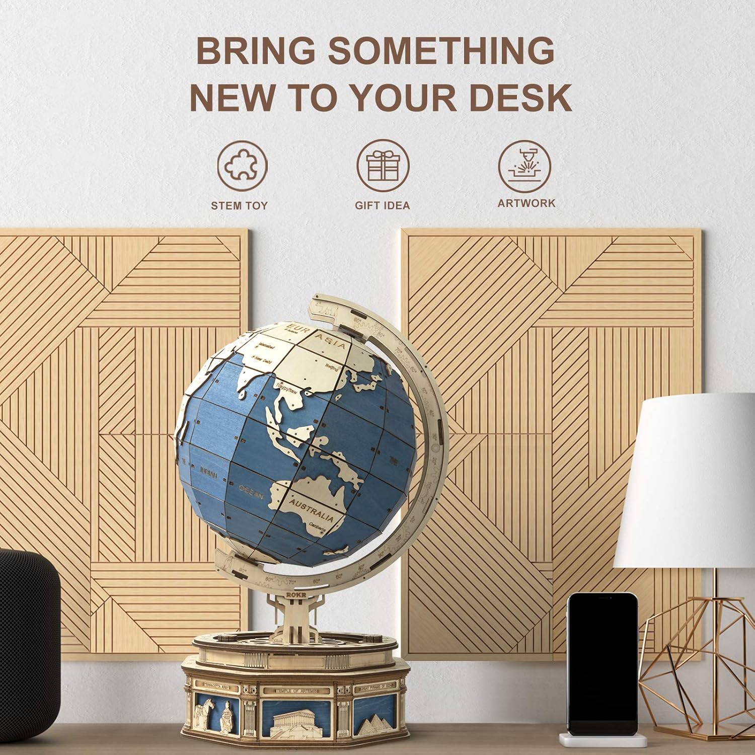 Assembled ROBOTIME 3D Wooden Globe Model Kit on a desk