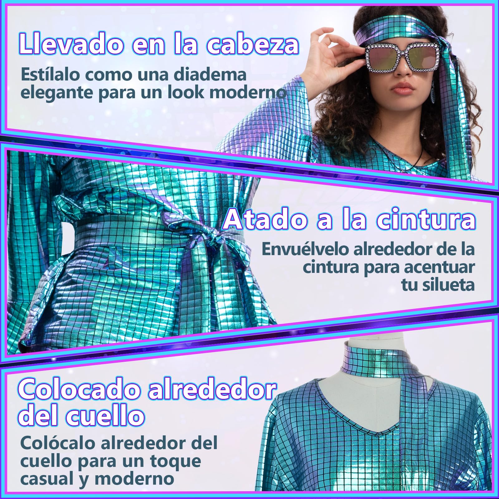 Ulikey Disfraz Disco Mujer, 9 Piezas Disfraces Disco Años 70 Brillante Disfraz Abba Mujer con Pendientes, Collares, Gafas de Sol, Pelucas para Carnaval, Reuniones Familiares