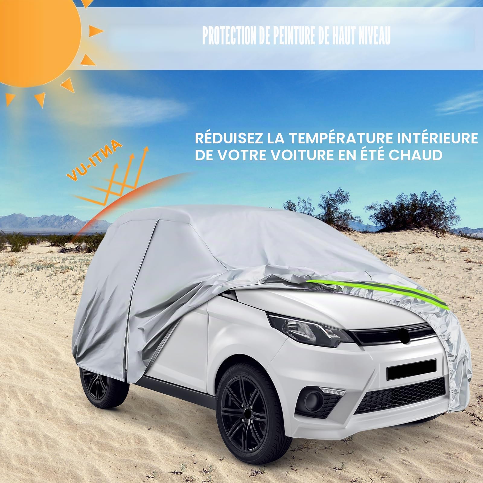 Couverture de Voiture Remplacement pour Aixam City/Coupe/MINAUTO/Crossover/Crossline 2007-2025, Housse Bâche Voiture Garage Complet étanche Bandes Réfléchissantes, Protection Anti-UV, Argent