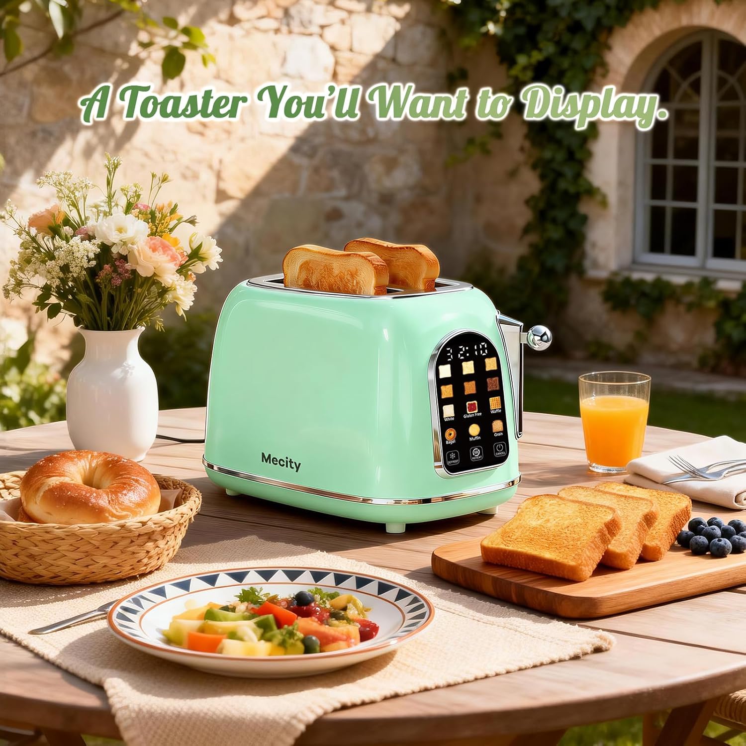 Mecity Toaster 2 Slice, Touch Screen Wide Slot Retro Toaster For Breads Bagel Muffin Waffle, House Warming Gift New Home, 120V 825W, Light Green