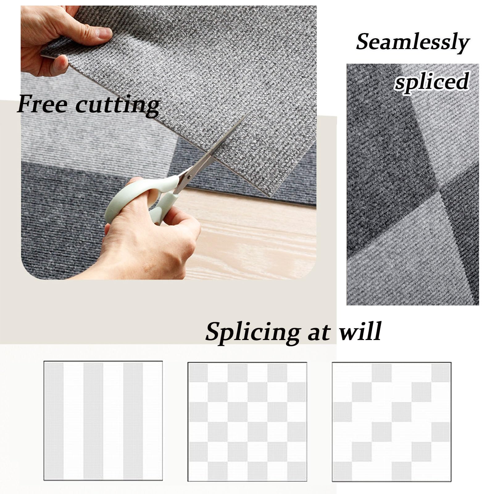 Teppichfliesen für Zuhause, 30,5 x 30,5 cm, rutschfest, selbstklebend, Florhöhe 0–15, abziehen und aufkleben, einfache Installation