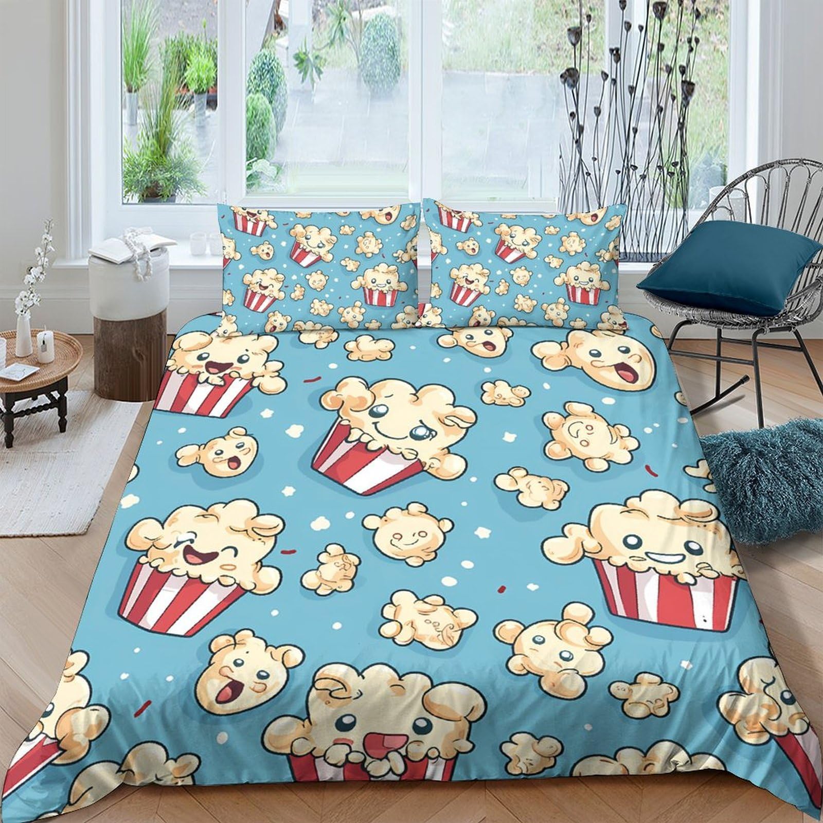 Ctjqhvkz Style-7 3D Printed Popcorn Cartoon Fitted Sheet Microfiber Blue Bed Cover Anti-Slip Machine Washable Bedroom Decor Single（135X200cm）