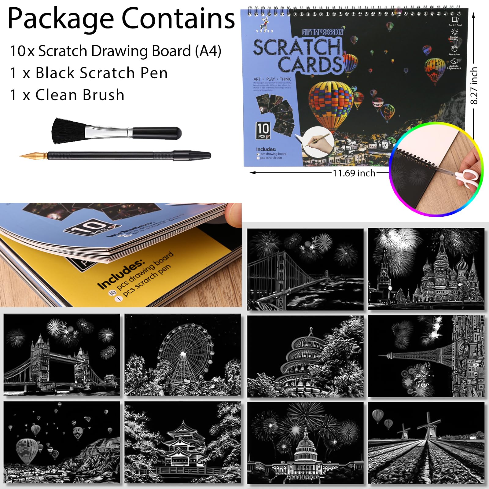 10 Page Scratch Art Book for Adults & Teens: Cityscape Engraving Kit with Travel Landmarks, Rainbow City Series B, 8 x 10 x 1 cm - Image 4