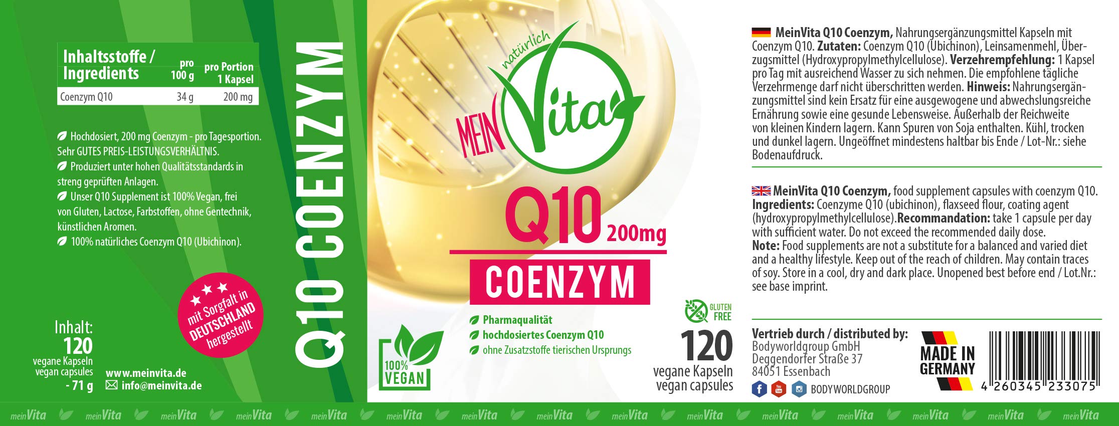 Coenzym Q10, 100% Vegan, extra hochdosiert mit 200mg pro Kapsel - 120 Kapseln im 4 Monatsvorrat, Bioaktiv, Premium Q10 | hochdosiert, 4 Monatsvorrat, ohne Gelatine