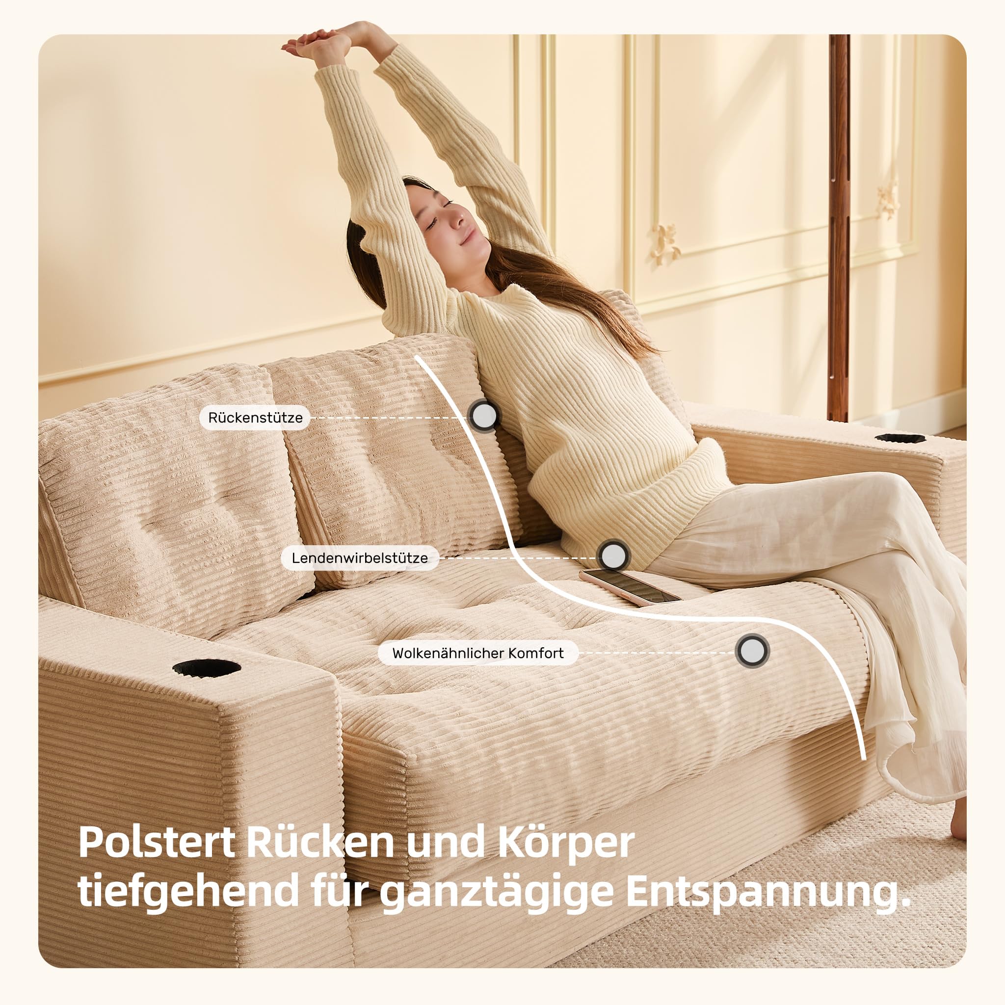 Bodensofa 3-Sitzer 190 cm, Cord Sofa ohne Gestell mit Kissen, 2 Getränkehaltern & breiten Armlehnen, Lounge Sofa für Wohnzimmer, kleine Wohnungen & Studenten, kein Aufbau erforderlich (Hellbraun)