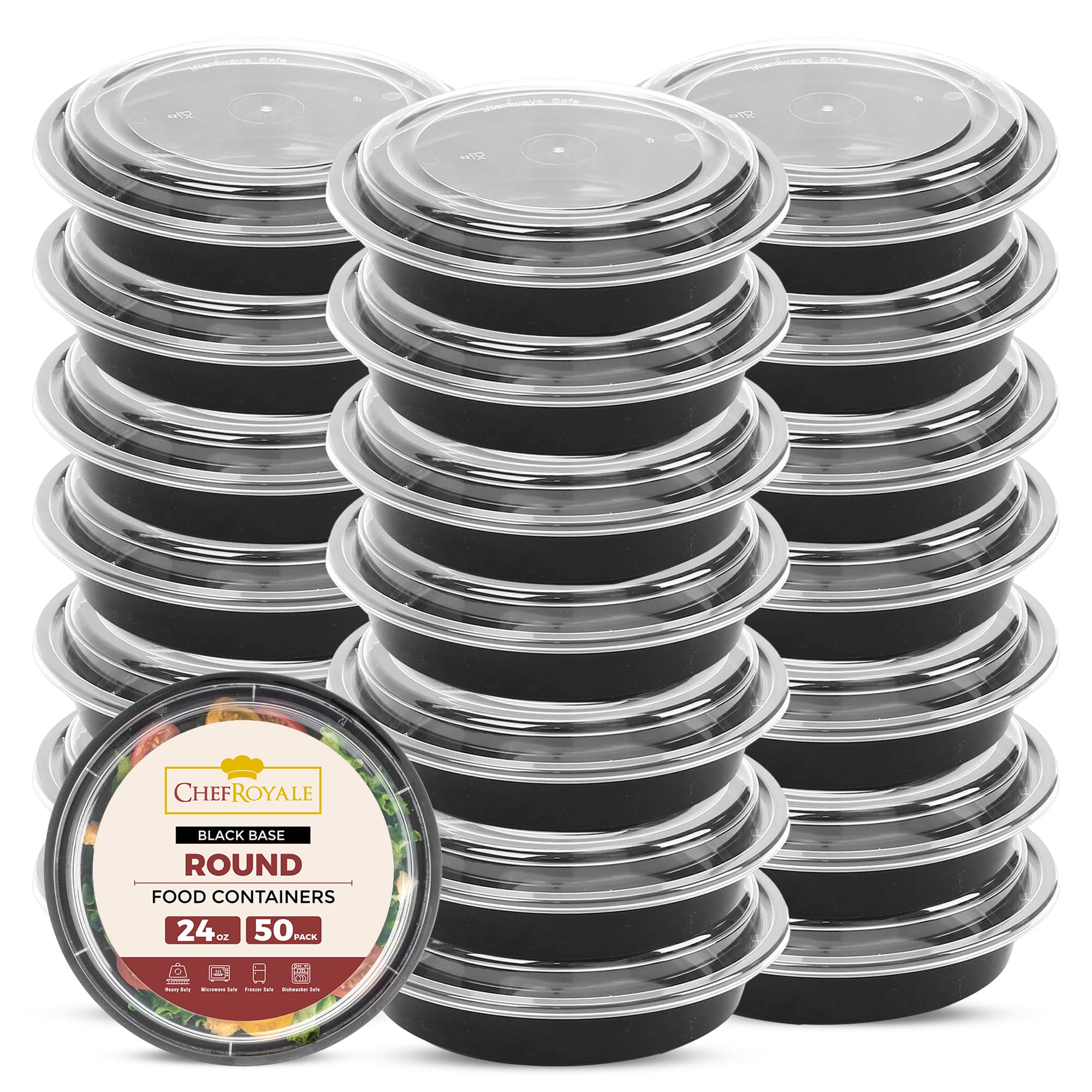 CHEF ROYALE 50x 24oz Round Meal Prep Containers with Lids Reusable Food Containers with Airtight Lids - Microwave & Dishwasher Safe - BPA Free Stackable Lunch Boxes (50, 24oz)