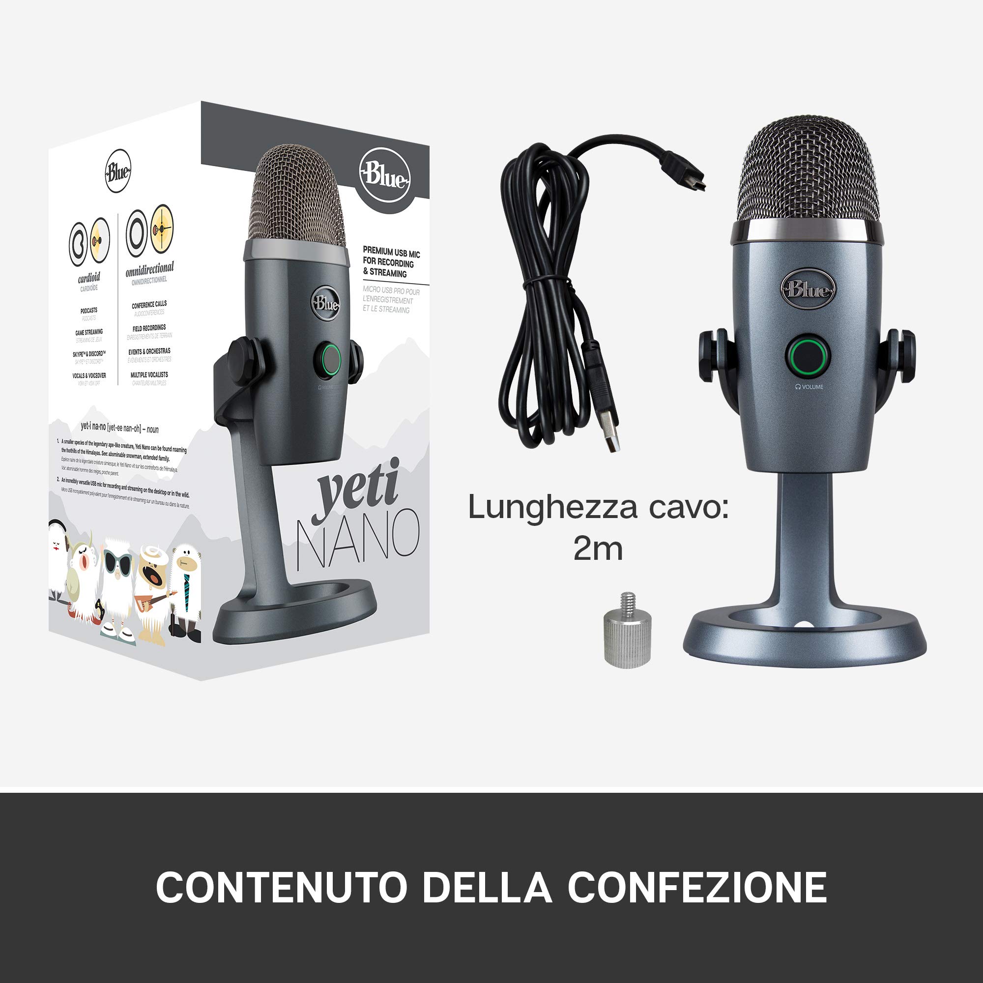 Blue Yeti Nano Microfono USB Premium per Registrazione, Streaming | Gaming, Podcast su PC e Mac, Mic a Condensatore, Effetti Blue VO!CE, Cardioide e Omni, Monitoraggio Senza Latenza - Grigio
