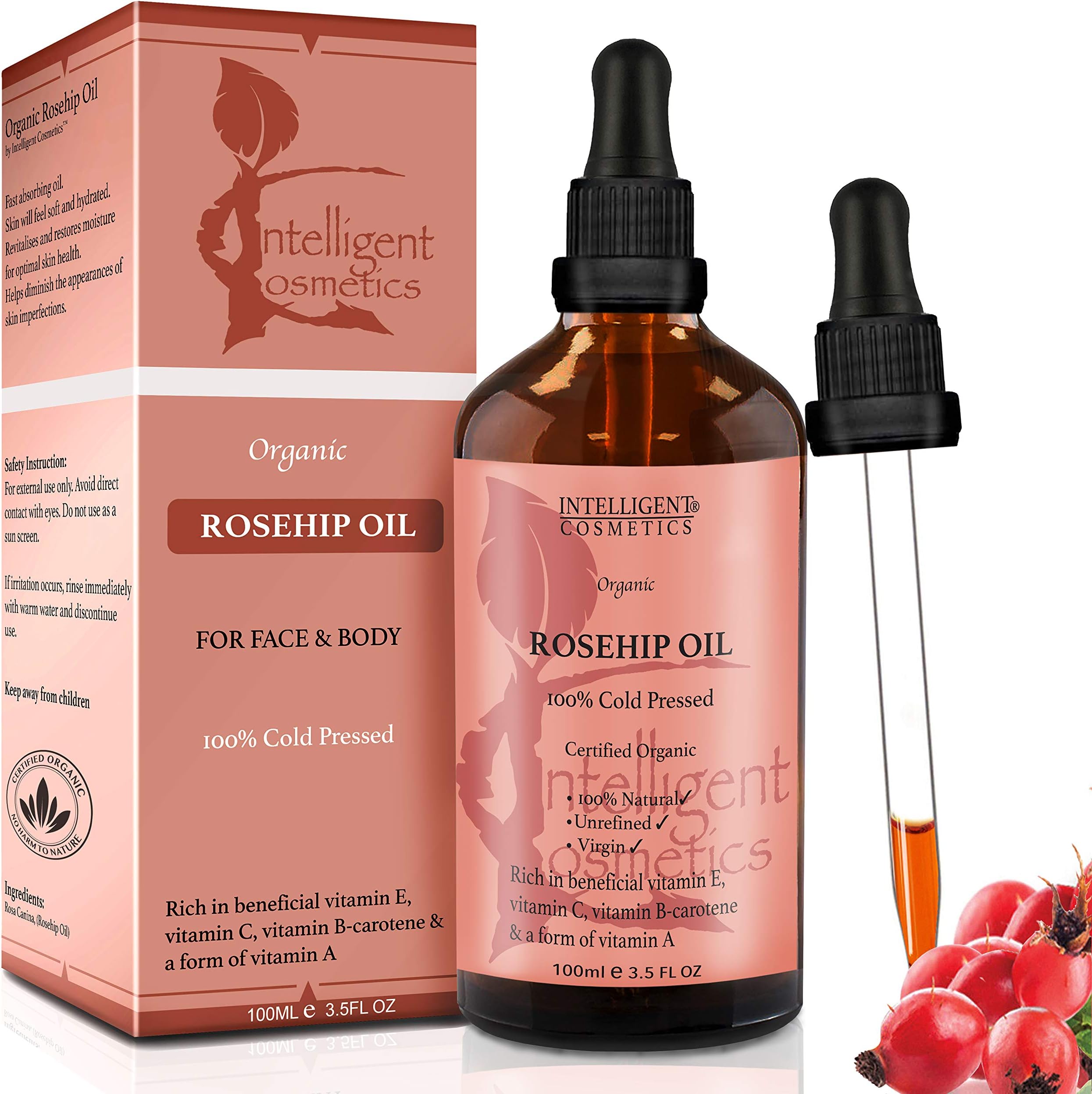 Rosehip Oil 100% Cold Pressed Pure Certified Organic Oil 100ml Best Known Facial Oil with Vitamin E, Vitamin C, B-carotene and a Form of Vitamin A