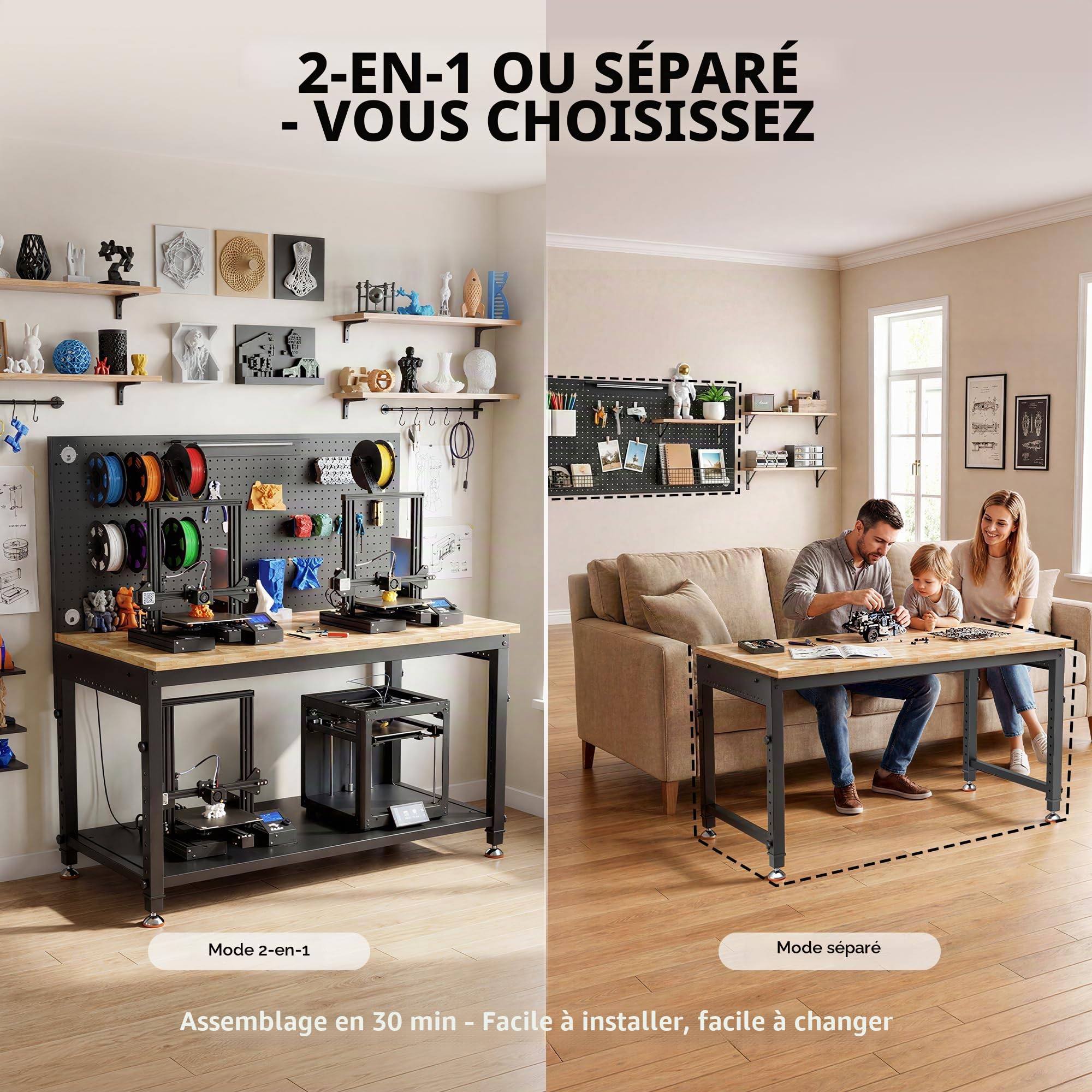 Établi Atelier Garage avec Table de Travail 122 x 60 cm | Charge de 907 kg, Plateau en Bois de Caoutchouc, 10 Hauteurs Réglables, Panneau Perforé avec Éclairage LED