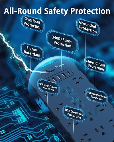 Miniatura 3 de Maxpw Regleta protectora contra sobretensiones con 25 salidas y 6 puertos USB (2 USB C), 3400 J, cable de extensión de enchufe plano de 6.5 pies
