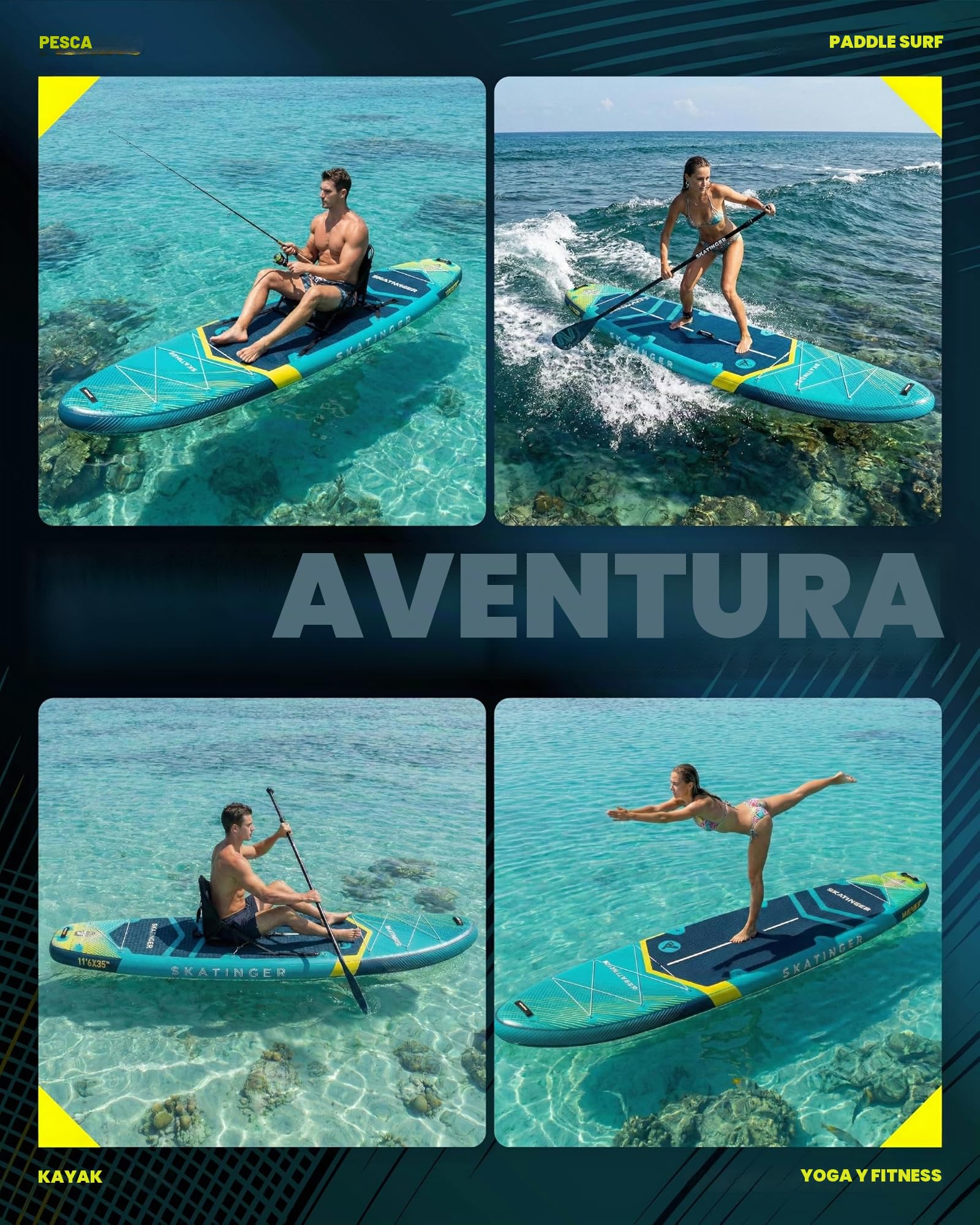 Skatinger Tabla de Remo Inflable de pie, Tabla de Remo Inflable de 11 x 34 x 6 Pulgadas, Tabla de Remo de Yoga con Mochila 1600D, 6 Anillos en D adicionales, Correa para el Hombro, Aleta Central de