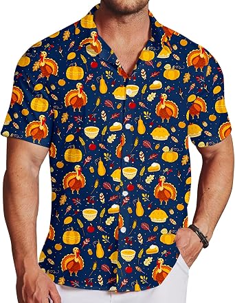 Mens Thanksgiving Button Tops Short Sleeve Turkey Hawaiian Shirt