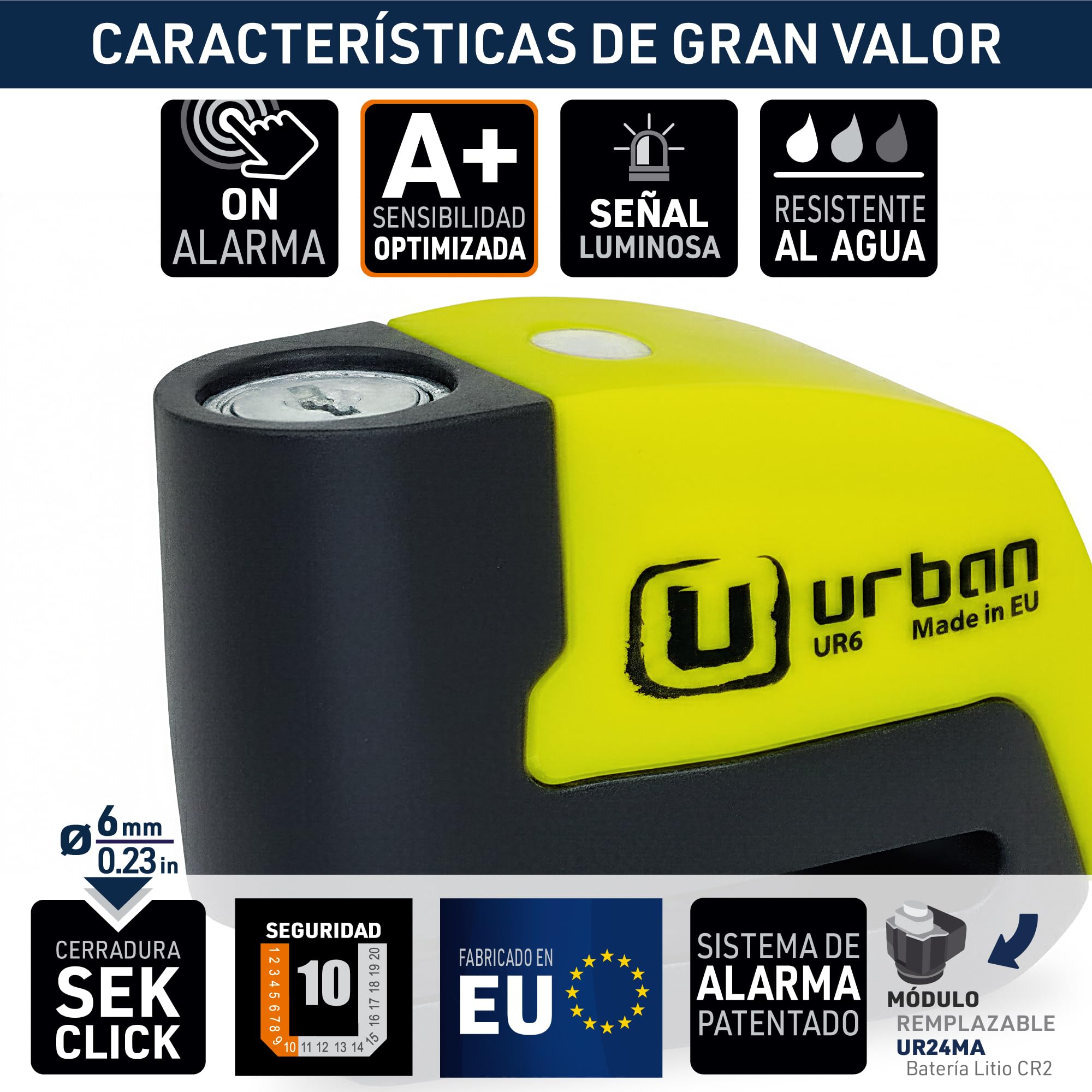 URBAN UR6 Candado Moto con Alarma Inteligente | Antirrobo Disco Más Eficaz | Hi-Tech, 120db, LED, Warning Sensibilidad A+, Pila CR2 Larga Duración, Más Impermeable, Pinza 6mm Universal Scooter Bici