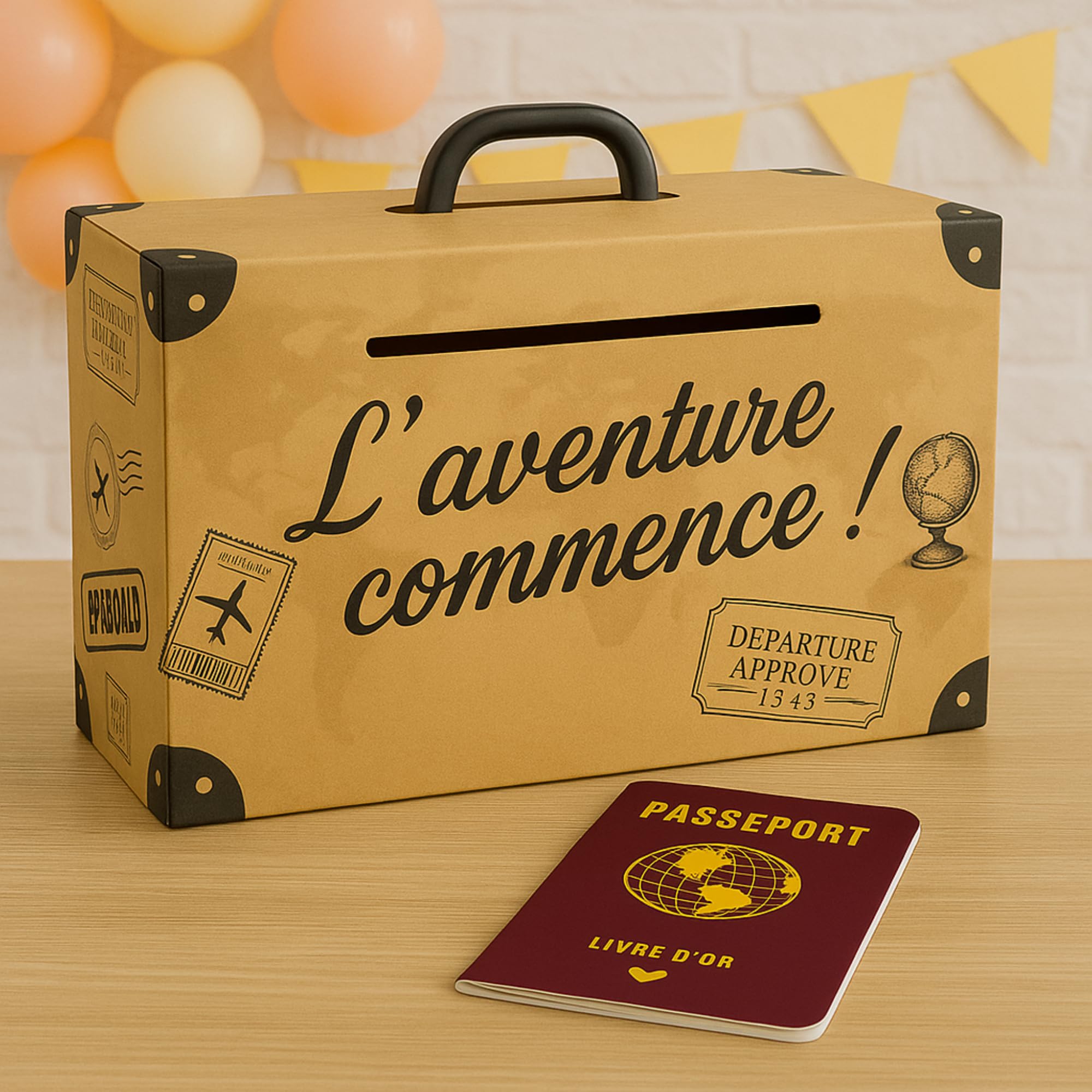 Urne Voyage Valise 30x20x10 cm avec Livre d’Or Passeport pour Mariage Décoration Thème Voyage