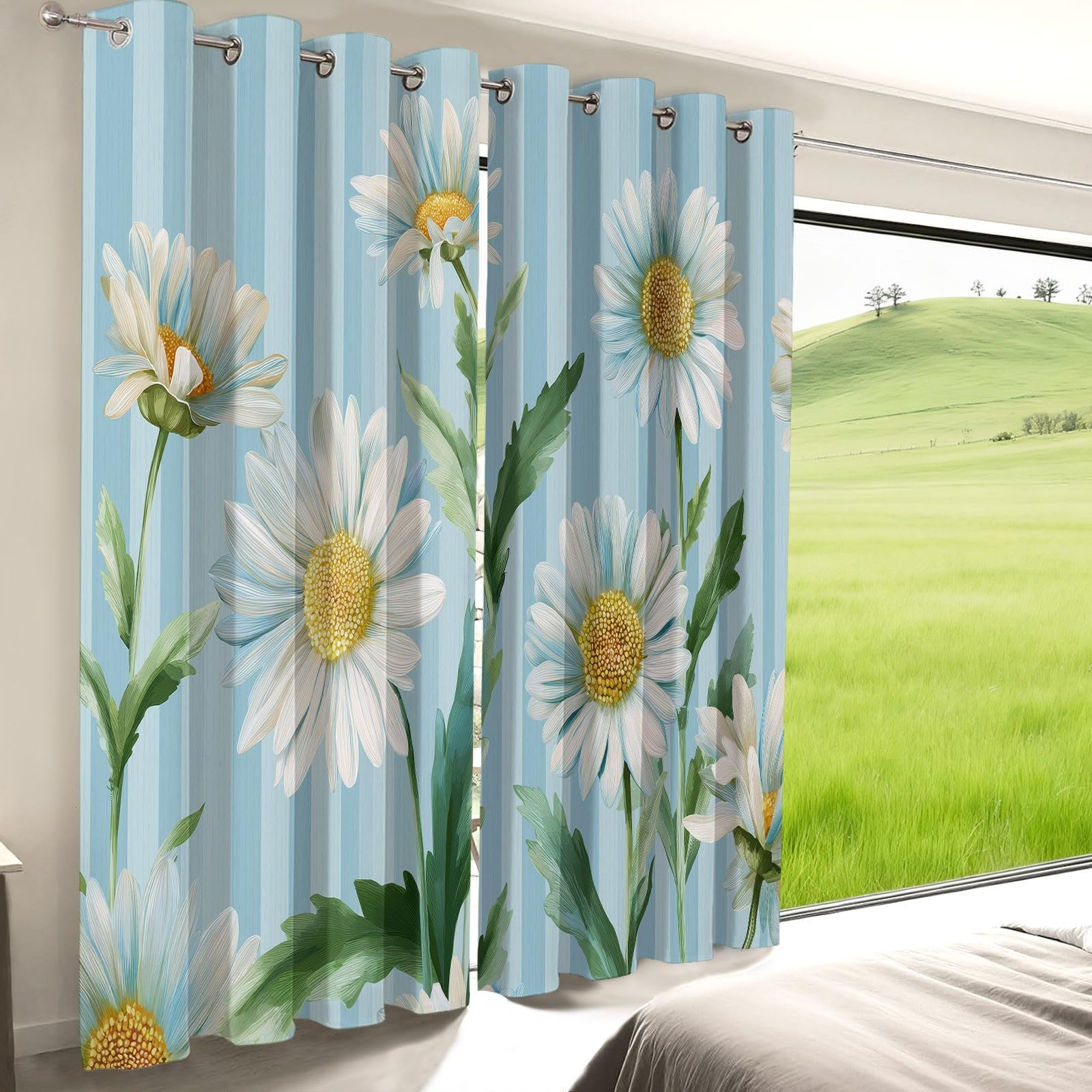 Verdunkelungsvorhänge B75 x H166 cm 2 Paneele, Geräuschreduzierung & Wärmeisolierung Klassisch Gestreift Elegant Floral Gänseblümchen Vorhänge Blickdicht für Schlafzimmer Wohnzimmer Kinderzimmer, Blau
