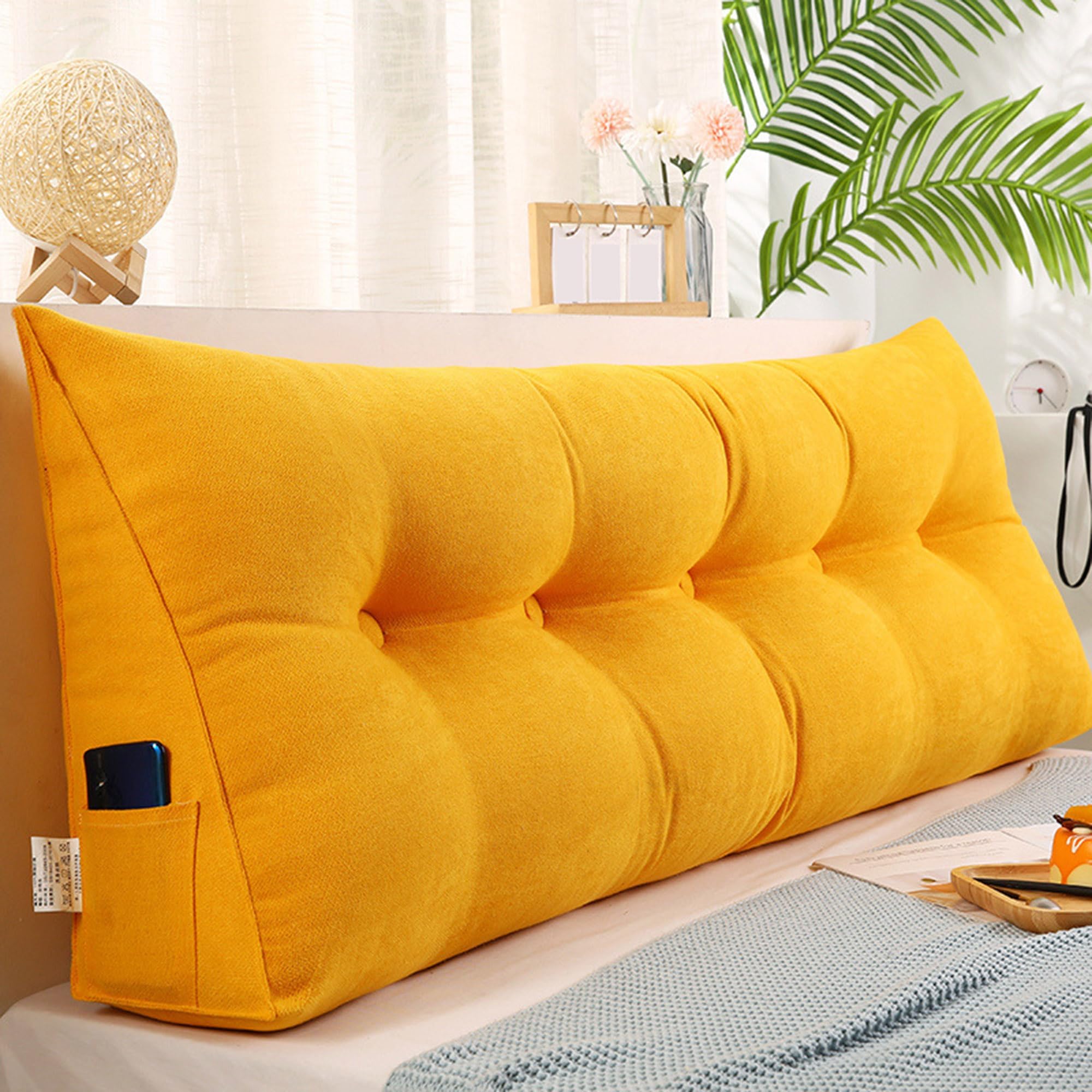 Triangular Headboard Lumbar Pillow for Bay Window Tatami Sofa Bedroom, Bed Headrest Back Support Reading Backrest Cushion, Rest Reading Pillow Lumbar Cushion,60 * 50 * 20cm,Yellow