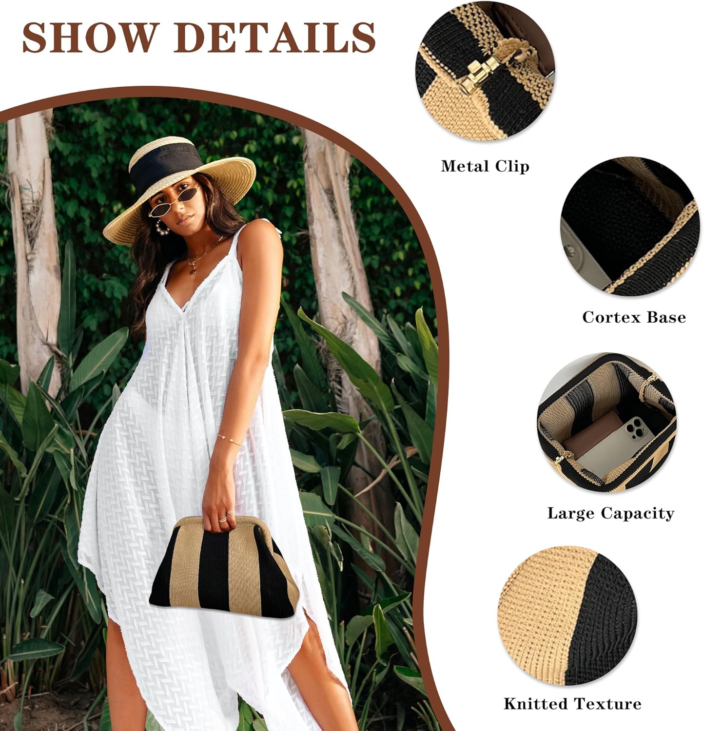 Clutch Purses for Women Summer Woven Beach Bags Clutch Purse with Strip Dumpling Ruched Evening Handbags