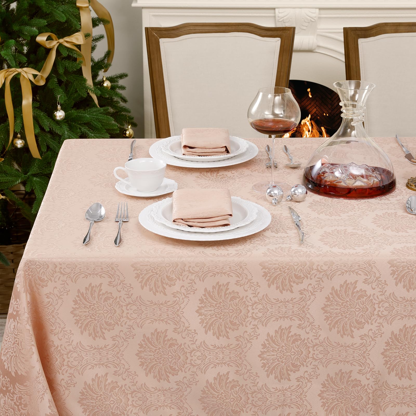 Nappe rectangulaire jacquard rose 240x140 cm pour grande table
